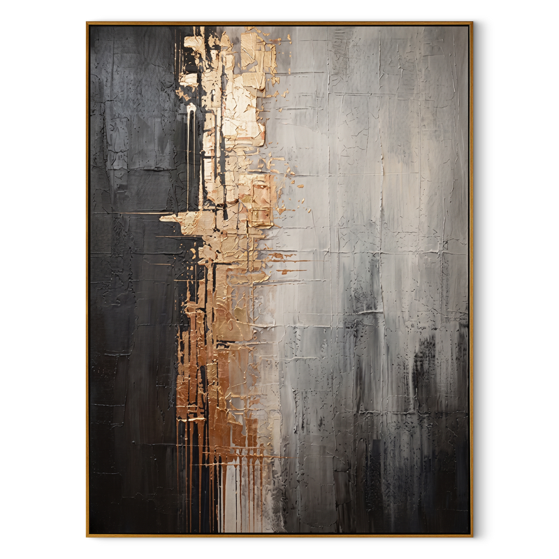"Gilded Fissure" – Industrial Gold & Charcoal Abstract Oil Painting | Sophisticated Executive Office Art