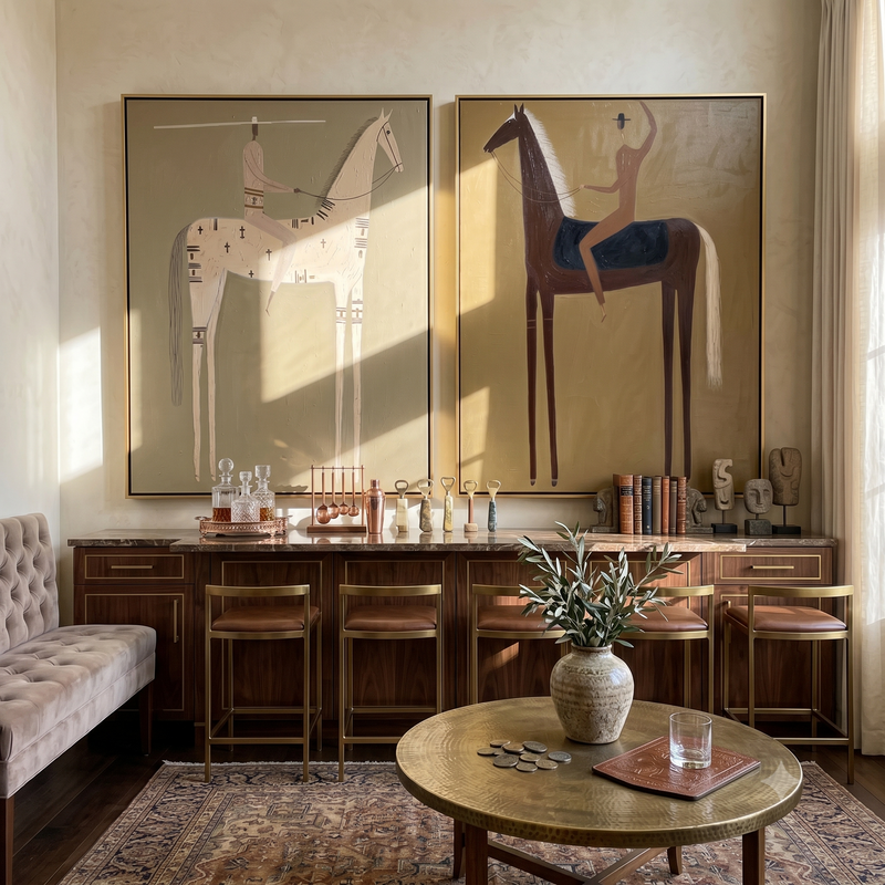 "One for Dust, One for Light" — 3D Textured Abstract Western Rider Wall Art Set | Sand & Umber Framed Diptych#VA621