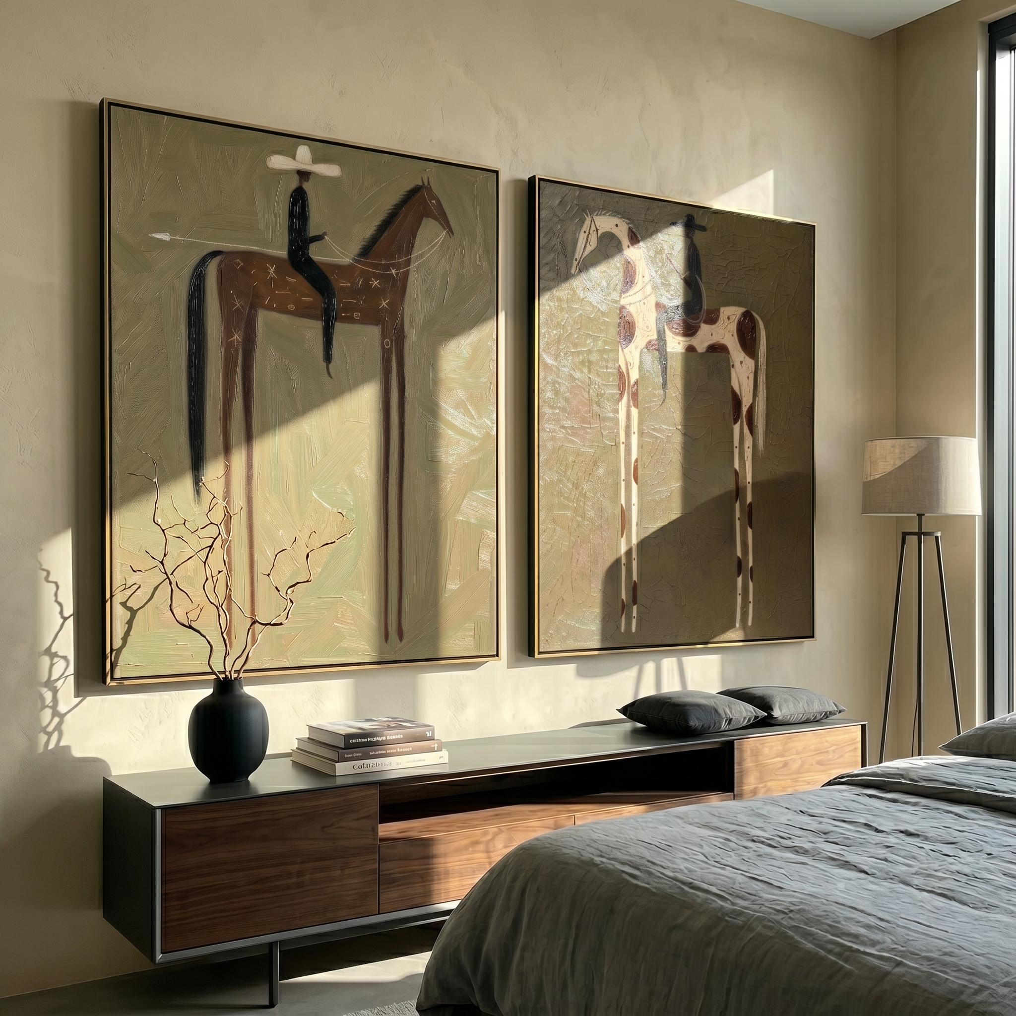 "Whispering Riders "— 3D Textured Abstract Horse & Rider Wall Art Set | Olive Green Western Framed Diptych#VA609