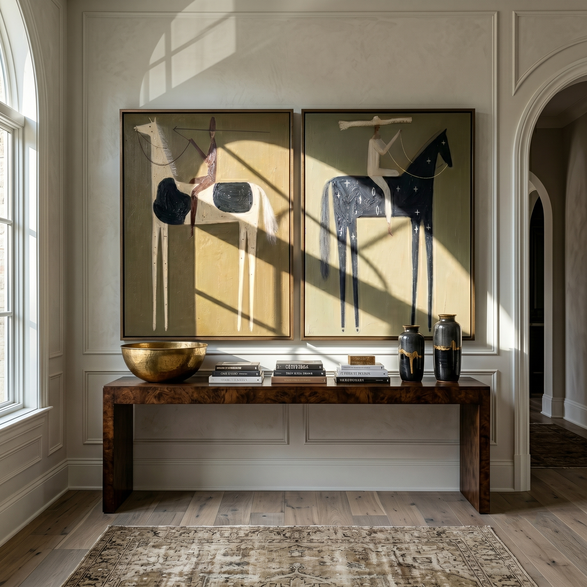 "Where Arrows Dream of Constellations" — 3D Textured Abstract Western Rider Wall Art Set | Olive, Ivory & Midnight Framed Diptych#VA620