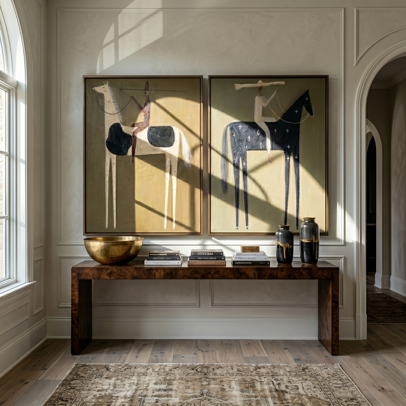 "Where Arrows Dream of Constellations" — 3D Textured Abstract Western Rider Wall Art Set | Olive, Ivory & Midnight Framed Diptych#VA620