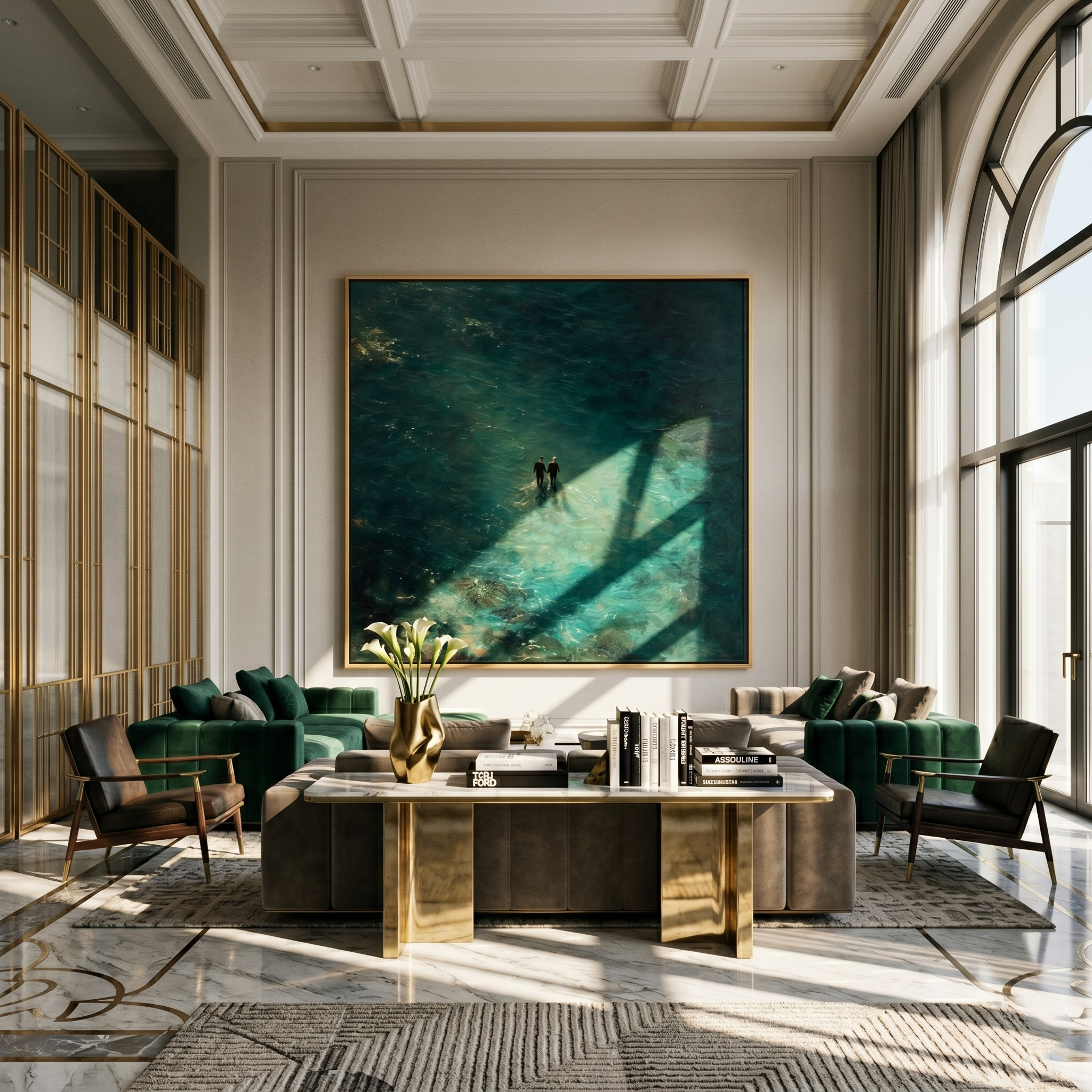 "Two Figures in the Deep" – Modern Heavy Impasto Figurative Abstract | 3D Teal & Gold Palette Knife Painting | Luxury Square Wall Art#LC 003