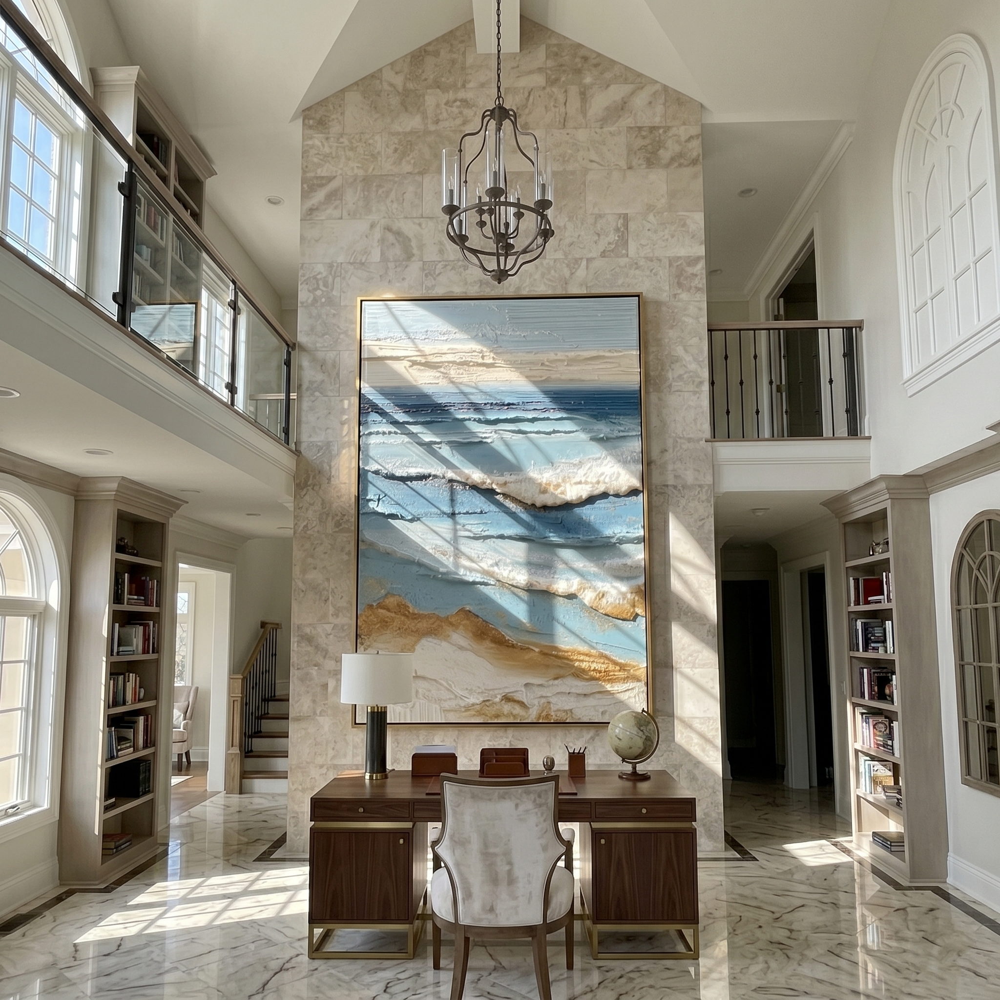 "Textured Coastal Horizon" – Modern Heavy Impasto Seascape Art | 3D Ocean Blue & Gold Palette Knife Painting | Luxury Vertical Wall Art#PT 020