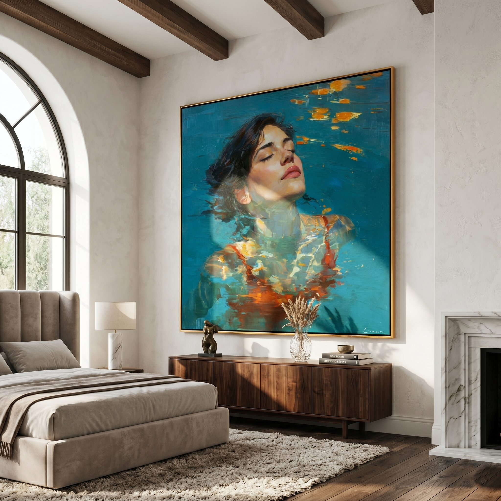 "Serene Sunlit Waters" – Tactile Underwater Impressionist Art | Vibrant Teal & Warm Orange Impasto Wall Decor | Contemporary Square Statement Piece#PE 002
