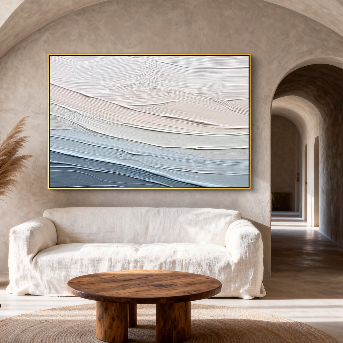 "Beige Lines" - 3D Heavy Impasto Plaster Relief | Blue & Beige Plaster Texture Statement Art