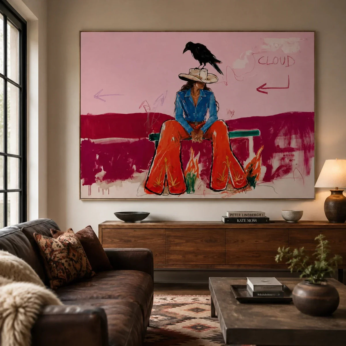 "Crow’s Cowgirl" - Modern Heavy Impasto Western Animal Artwork | Pink Palette Knife Painting | Luxury Horizontal Wall Art #YK 1587