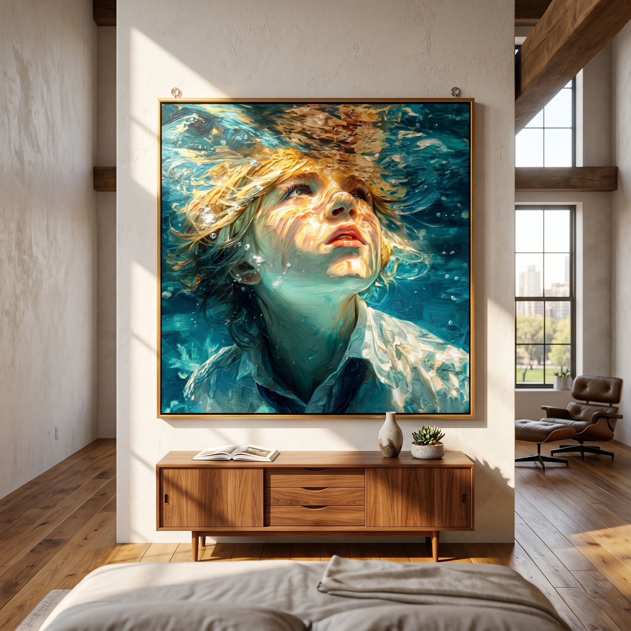 "Beneath the Surface Gaze" – Tactile Underwater Impressionist Art | Vibrant Turquoise & Warm Light Impasto Wall Decor | Contemporary Square Statement Piece#PE 001
