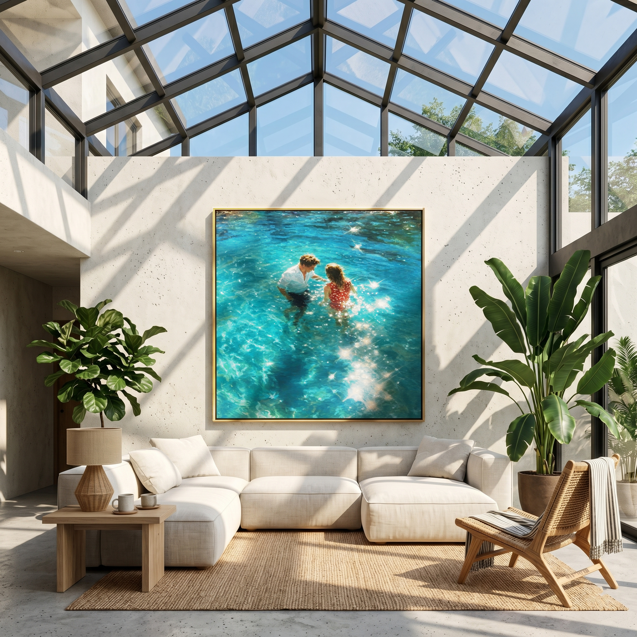 "Sunlit Water Embrace" – Modern Heavy Impasto Figurative Art | 3D Turquoise & Gold Palette Knife Painting | Luxury Square Wall Art#LC 004