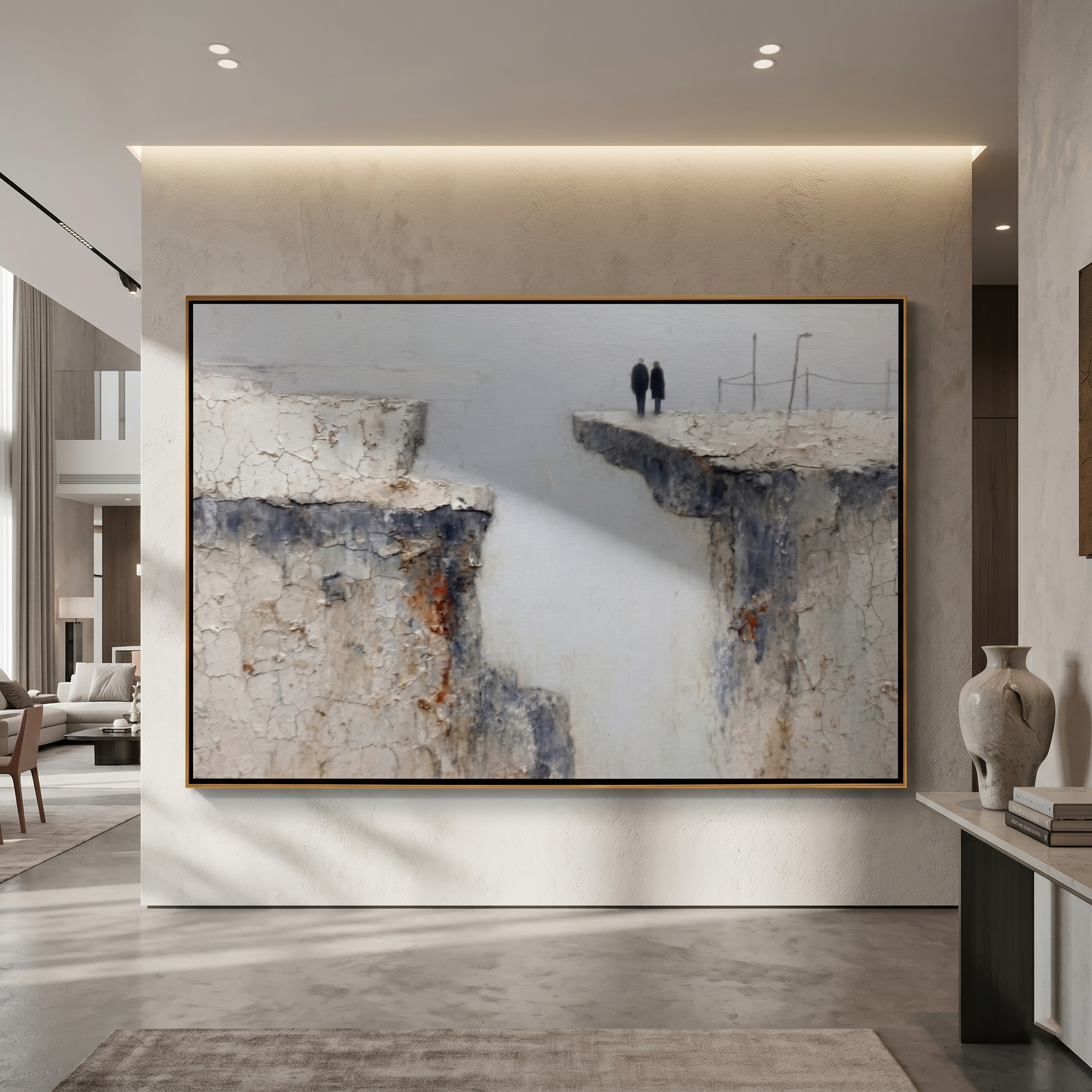 "Across the Divide" – Modern Heavy Impasto Figurative Art | 3D Neutral & Weathered Palette Knife Painting | Luxury Horizontal Wall Art#LC 007
