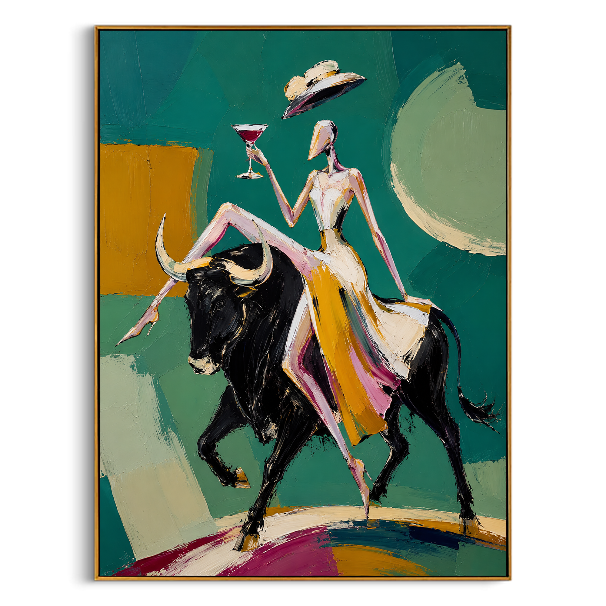 "Emerald Matador" - Contemporary Bull Rider Figurative Art | Green Black & Gold Statement Painting