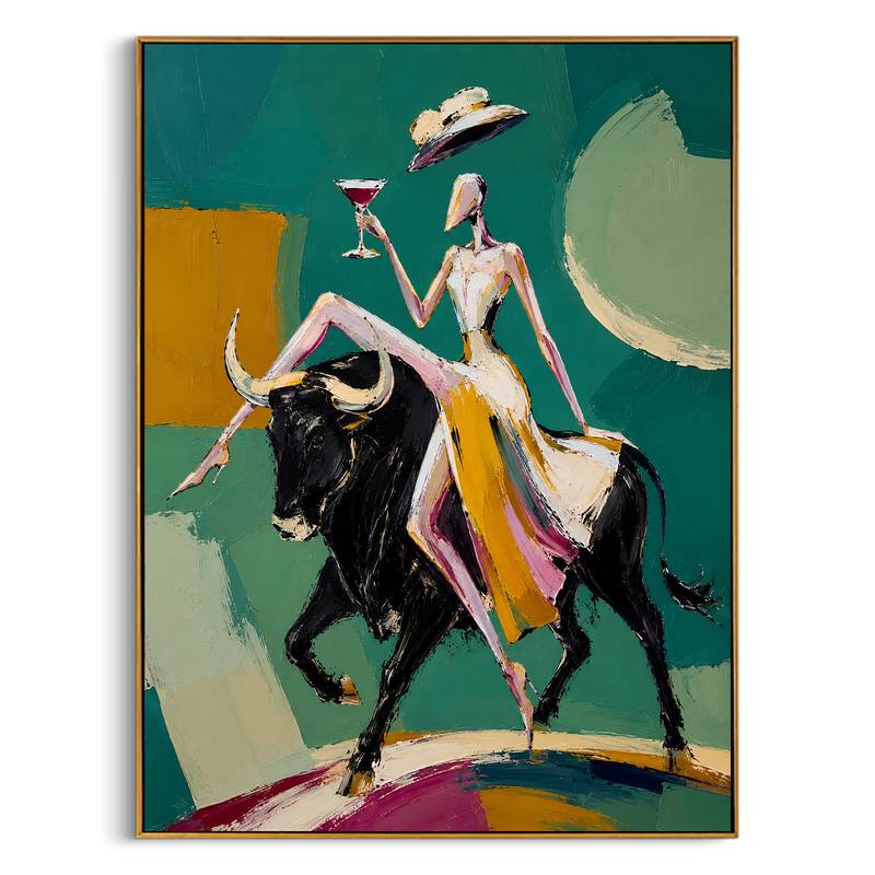 "Emerald Matador" - Contemporary Bull Rider Figurative Art | Green Black & Gold Statement Painting