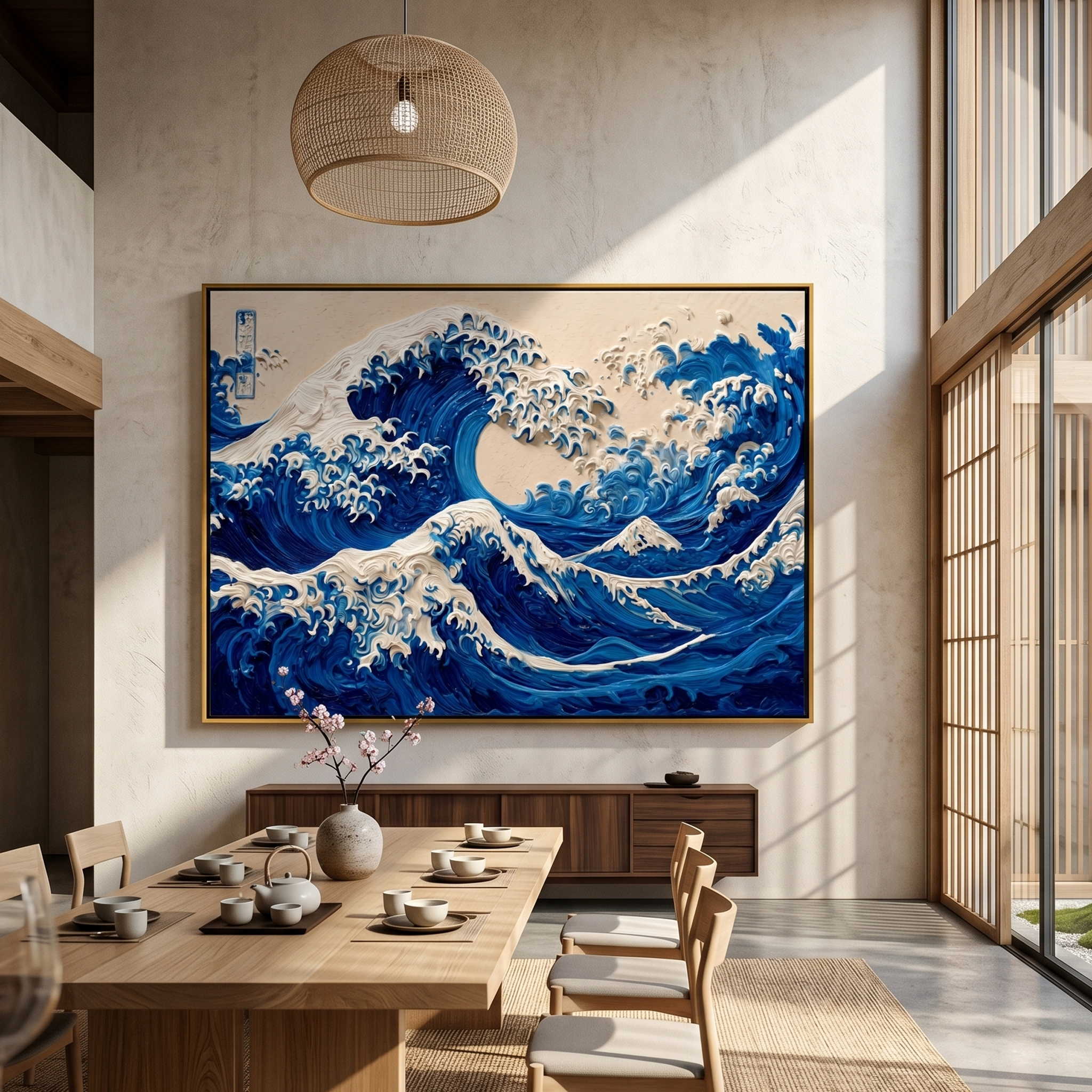 "Relief Wave of Kanagawa" – Expressive Sculptural Seascape Art | 3D Layered Blue Gradient with Raised Foam Canvas | Luxury Horizontal Wall Art#PT 018