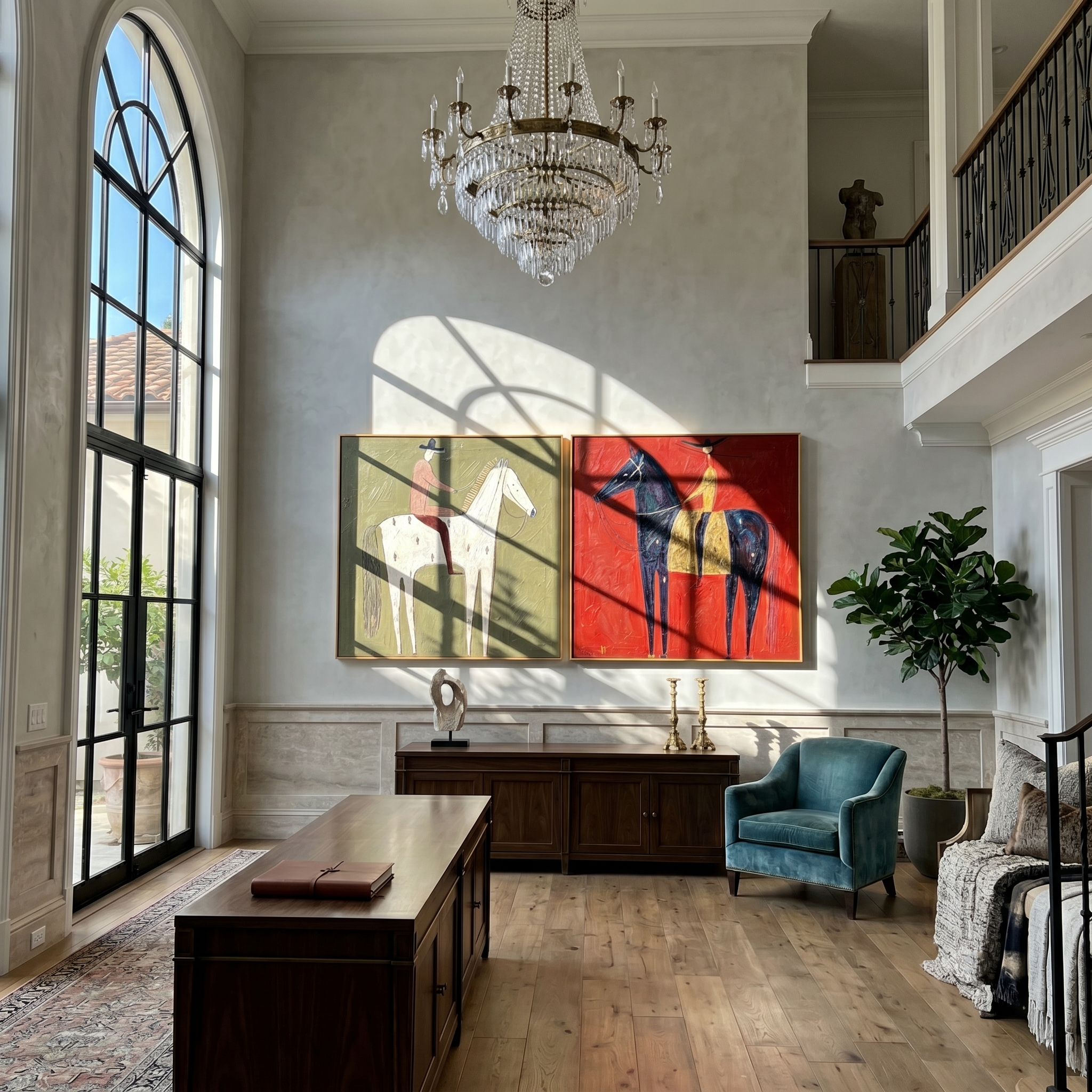 "Whispers Across the Red Plain" — 3D Textured Abstract Western Rider Wall Art Set | Olive & Crimson Framed Diptych#VA617