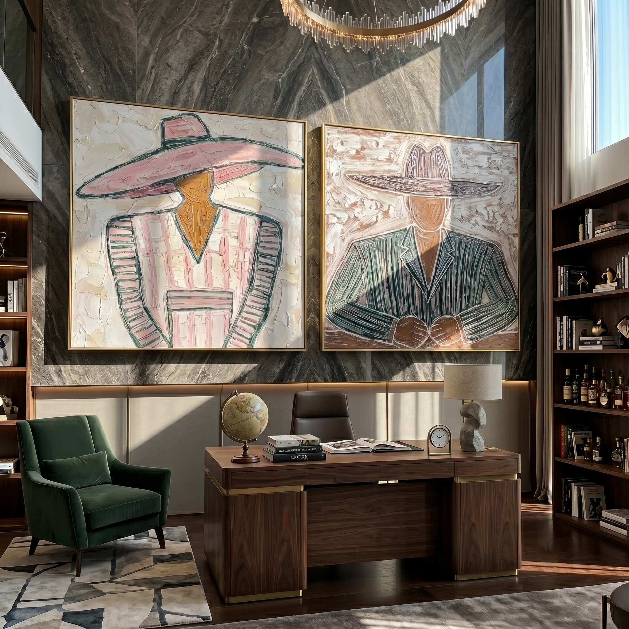 "Echoes Beneath the Brim" — 3D Textured Abstract Western Figure Wall Art Set | Pink & Umber Framed Diptych#VA614