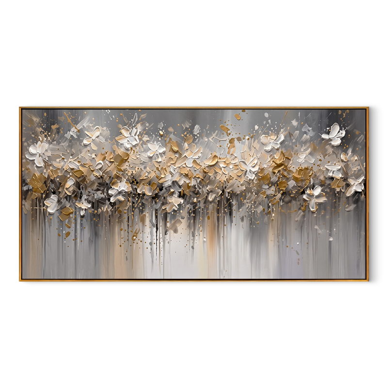 "Gilded Meadow" – Modern Abstract Gold Foil Impasto Floral Painting | Panoramic Living Room Centerpiece