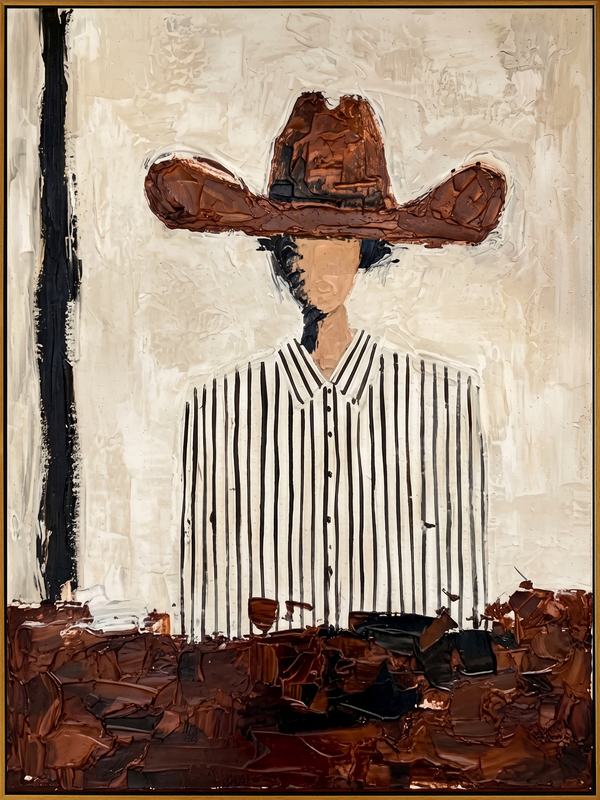 "Modern Cowboy in Stripes" – Contemporary Heavy Impasto Portrait | 3D Cinnamon & Cream Palette Knife Painting | Luxury Vertical Wall Art #PE 011