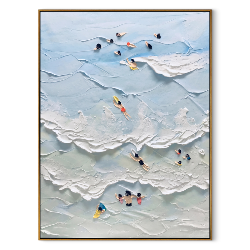 "Playful Tides" – Whimsical 3D Aerial Beach Impasto Canvas Art | Bright Coastal Living Room Decor