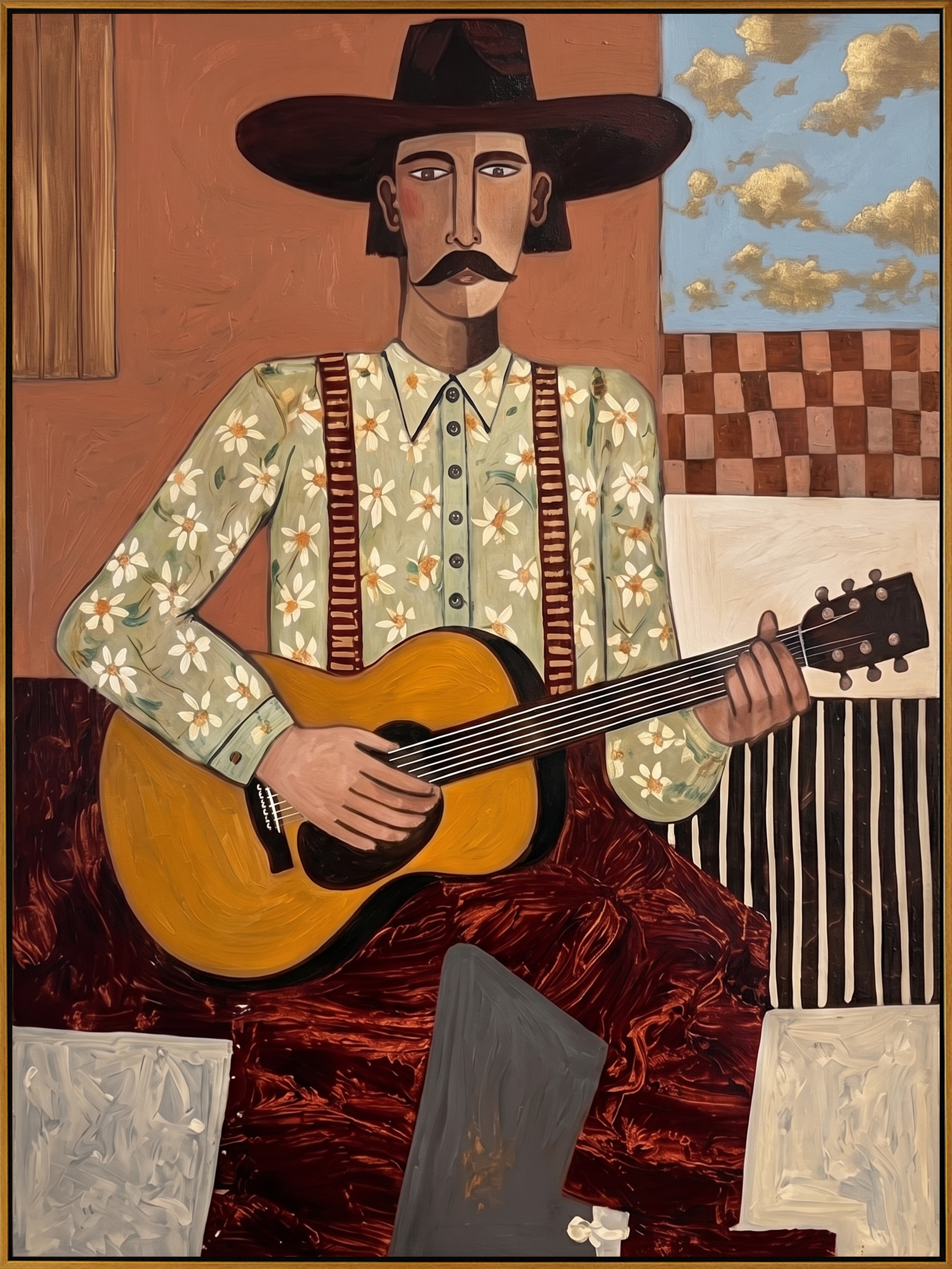 "The Western Balladeer" – Folk Impasto Portrait Art | 3D Terracotta & Sage Palette Knife Painting | Luxury Vertical Wall Art #PE 012
