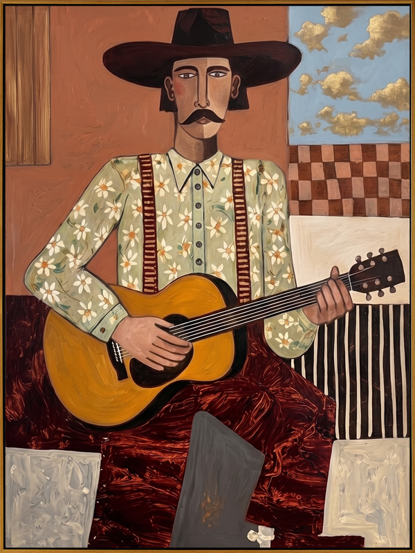 "The Western Balladeer" – Folk Impasto Portrait Art | 3D Terracotta & Sage Palette Knife Painting | Luxury Vertical Wall Art #PE 012
