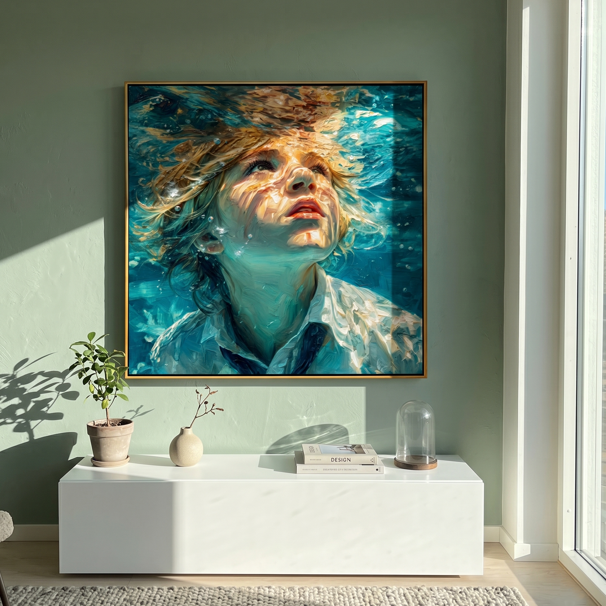 "Beneath the Surface Gaze" – Tactile Underwater Impressionist Art | Vibrant Turquoise & Warm Light Impasto Wall Decor | Contemporary Square Statement Piece#PE 001