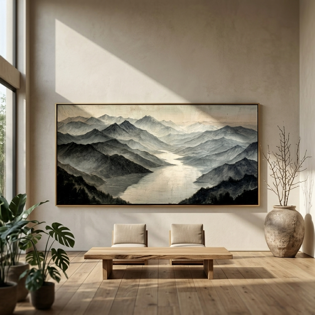 "Layered Mountain Valley" – Modern Heavy Impasto Landscape Art | 3D Monochrome & Soft Beige Palette Knife Painting | Luxury Horizontal Wall Art#PT 019