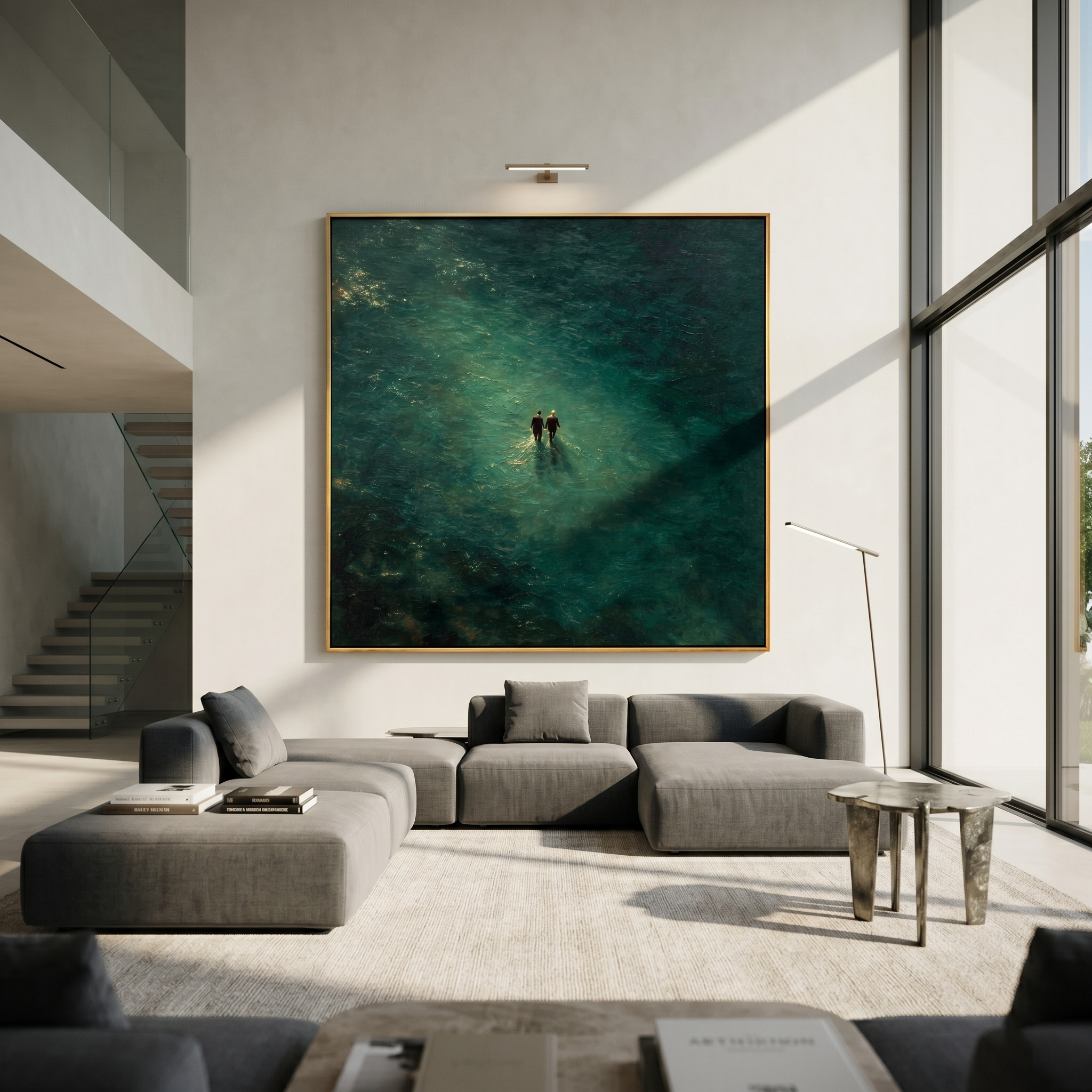 "Two Figures in the Deep" – Modern Heavy Impasto Figurative Abstract | 3D Teal & Gold Palette Knife Painting | Luxury Square Wall Art#LC 003