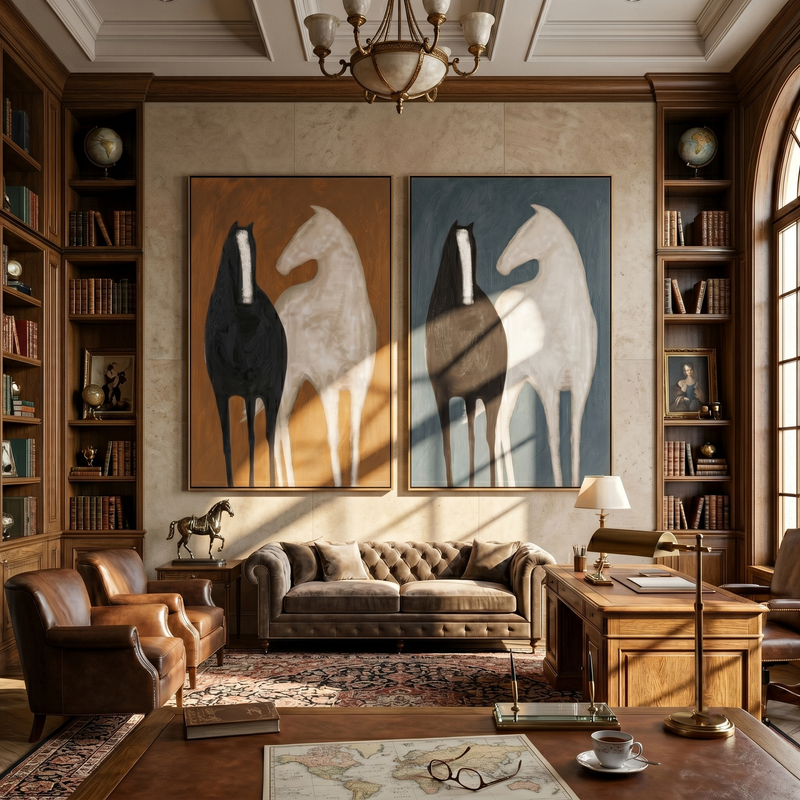 "Echoes of the Untamed" — 3D Textured Abstract Horse Wall Art Set | Ochre & Slate Framed Diptych#VA603