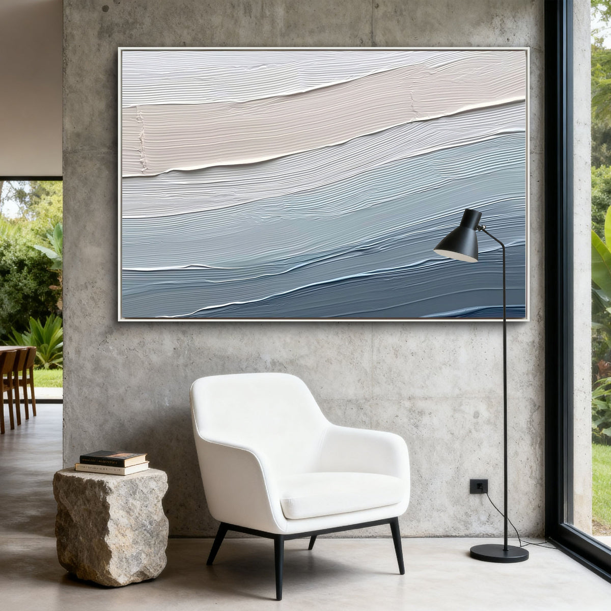 "Warm Lattice" - 3D Heavy Impasto Plaster Relief | Blue & Beige Plaster Texture Statement Art