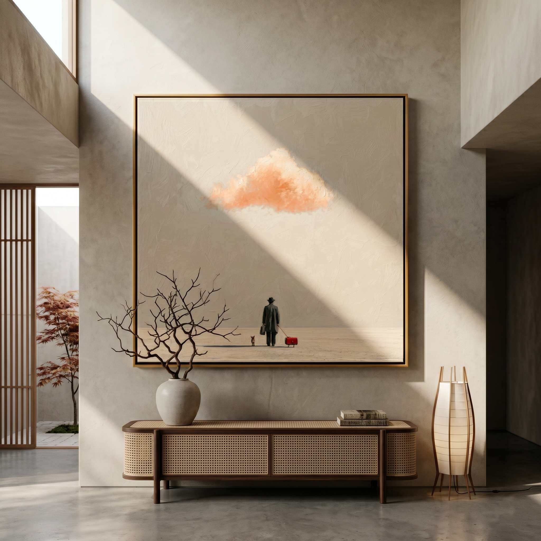"Journey Under the Peach Cloud" – Modern Heavy Impasto Figurative Art | 3D Neutral & Warm Coral Palette Knife Painting | Luxury Square Wall Art#LC 005