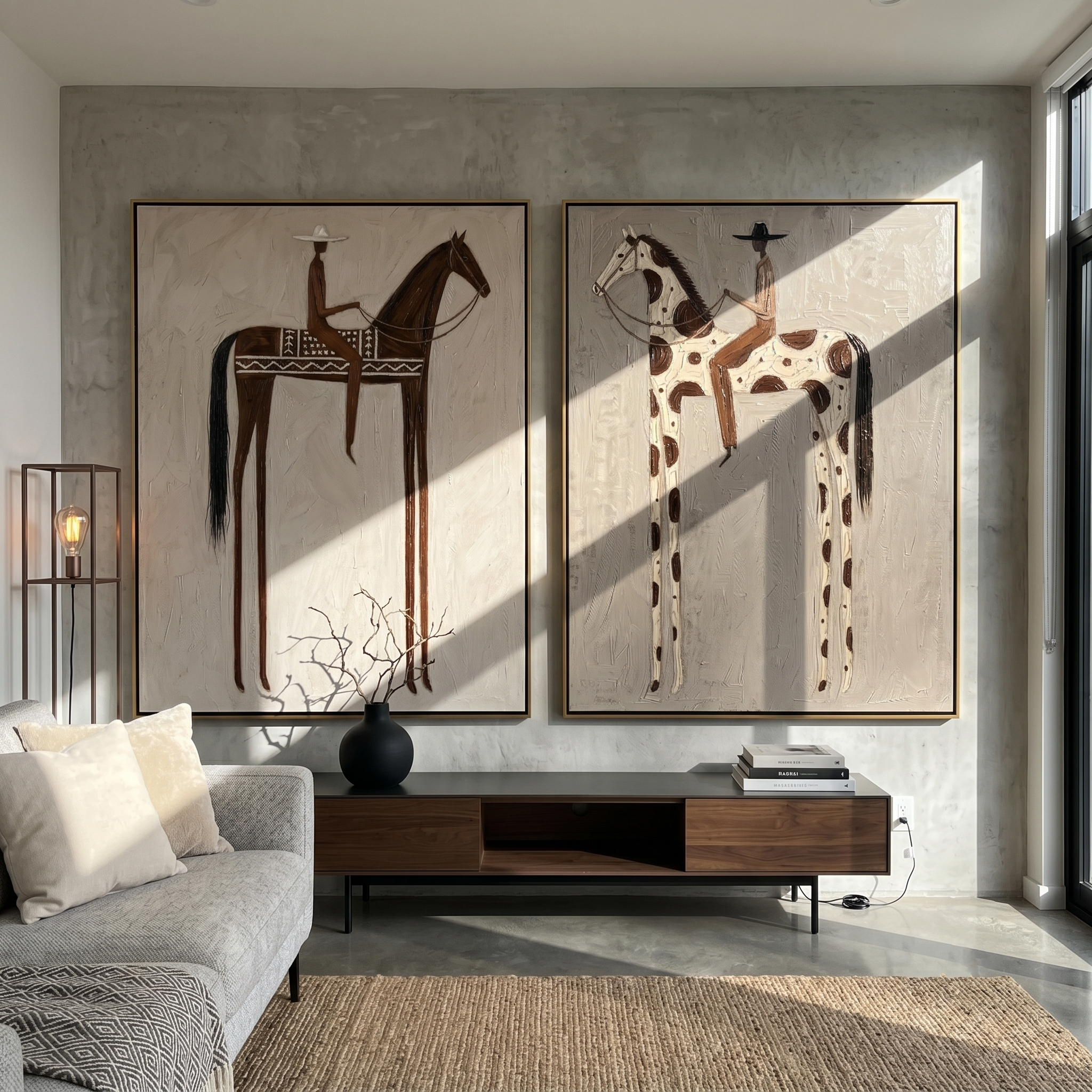 "Stillness on the Saddle" — 3D Textured Abstract Horse & Rider Wall Art Set | Neutral Western Framed Diptych#VA608