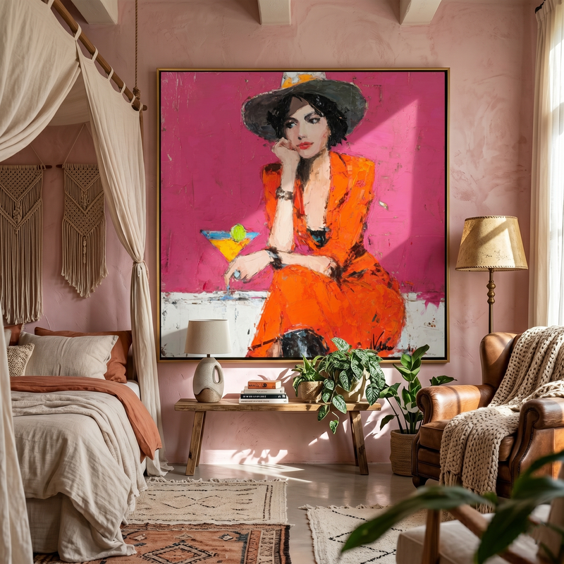 "Stylish Woman with Martini" – Tactile Fashion Impressionist Art | Bold Orange & Pink Impasto Wall Decor | Contemporary Square Statement Piece#PE 003