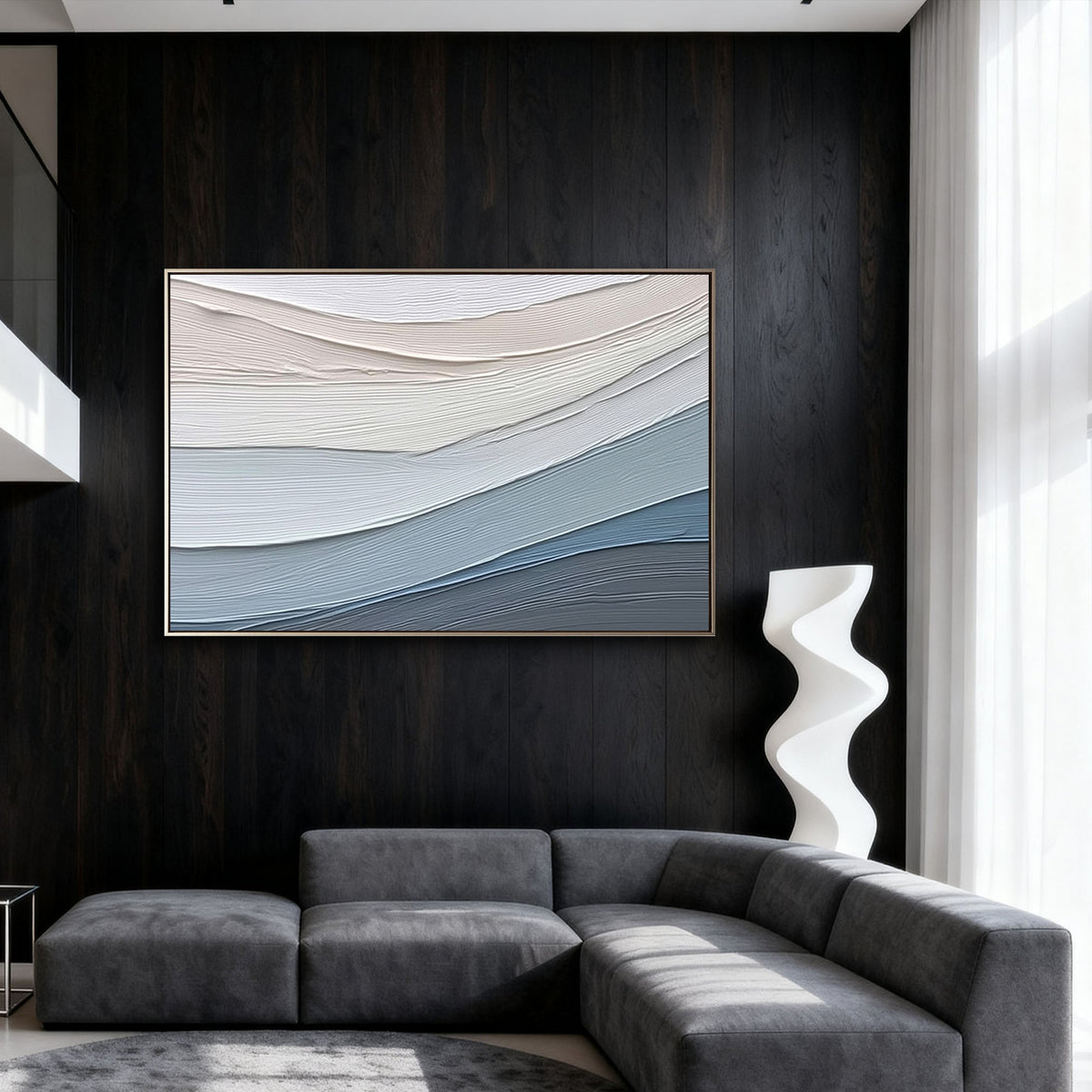 "Buff Spiral" - 3D Heavy Impasto Plaster Relief | Blue & Beige Plaster Texture Statement Art