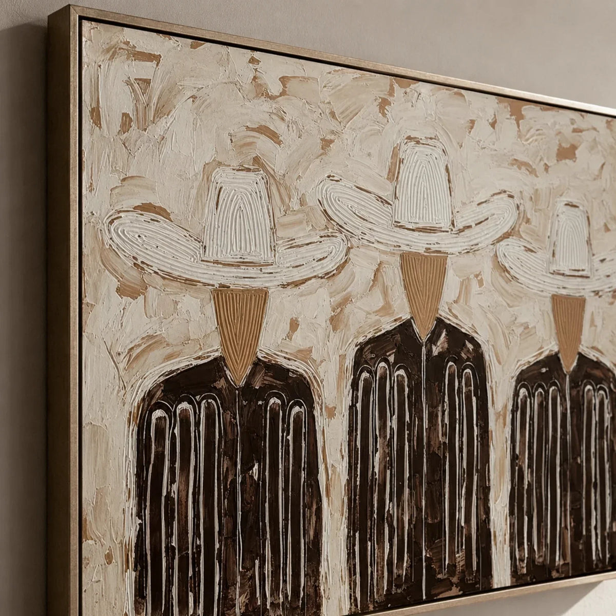 "Trinity in Linen" - Modern Heavy Impasto Abstract Artwork | Black & Golden Palette Knife Painting | Luxury Horizontal Wall Art #YK 1588