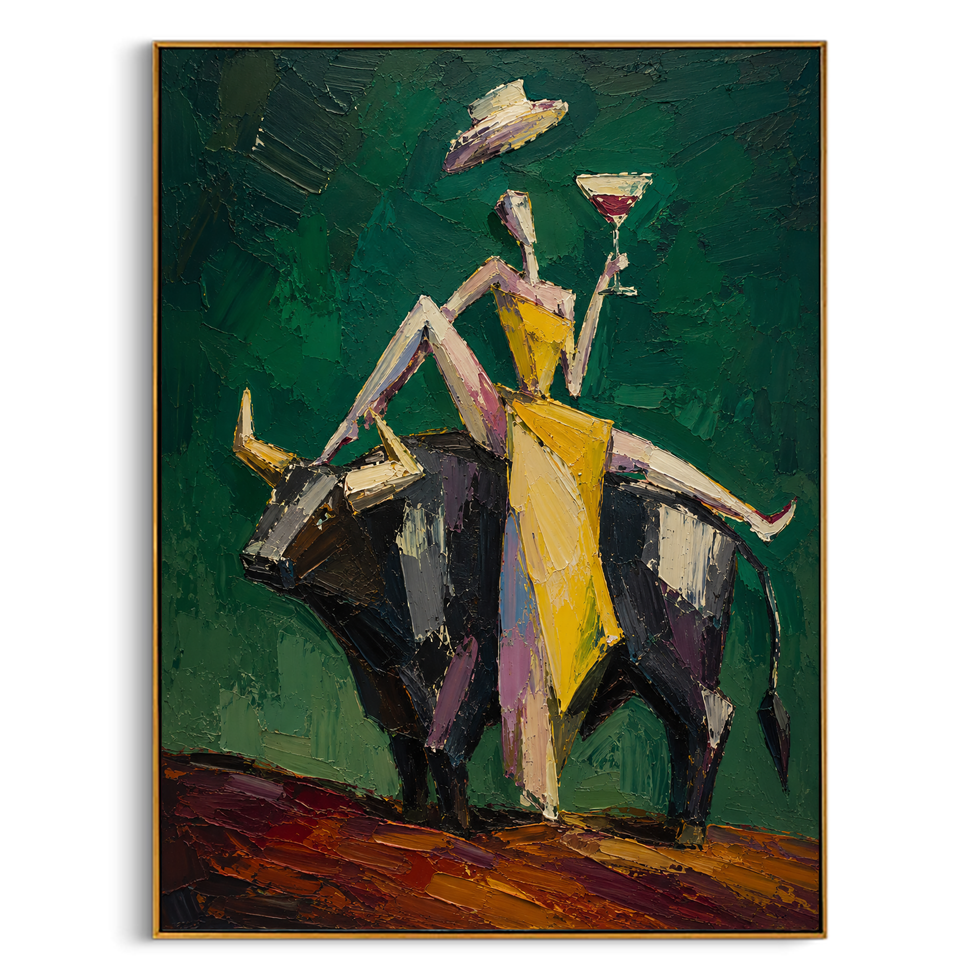 "Cabaret Bull" - Contemporary Figurative Bull Painting | Deep Green Yellow & Black Statement Art