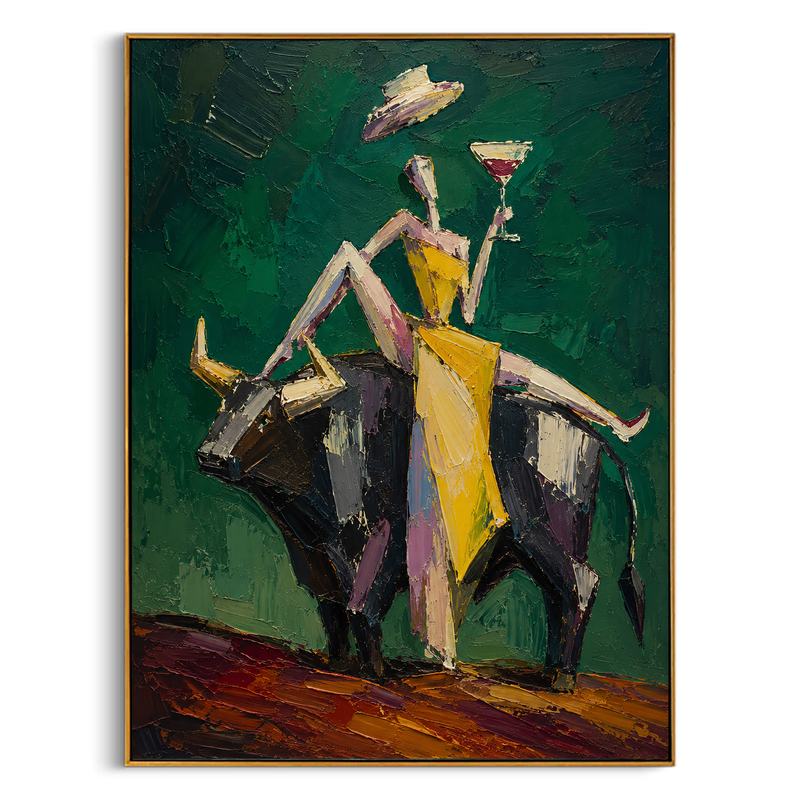 "Cabaret Bull" - Contemporary Figurative Bull Painting | Deep Green Yellow & Black Statement Art