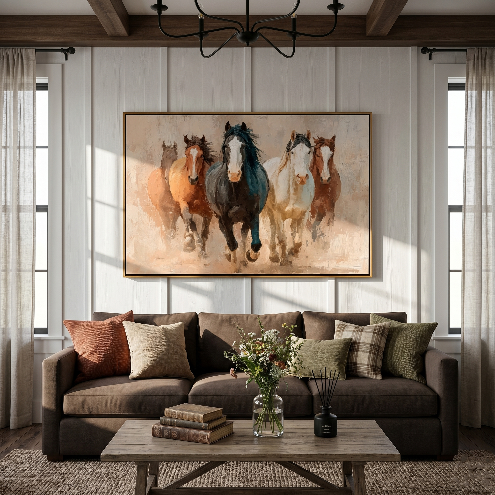 "Five Horses in Motion" – Tactile Wildlife Impressionist Art | Warm Browns & Soft Beige Impasto Wall Decor | Contemporary Horizontal Statement Piece#AN 003
