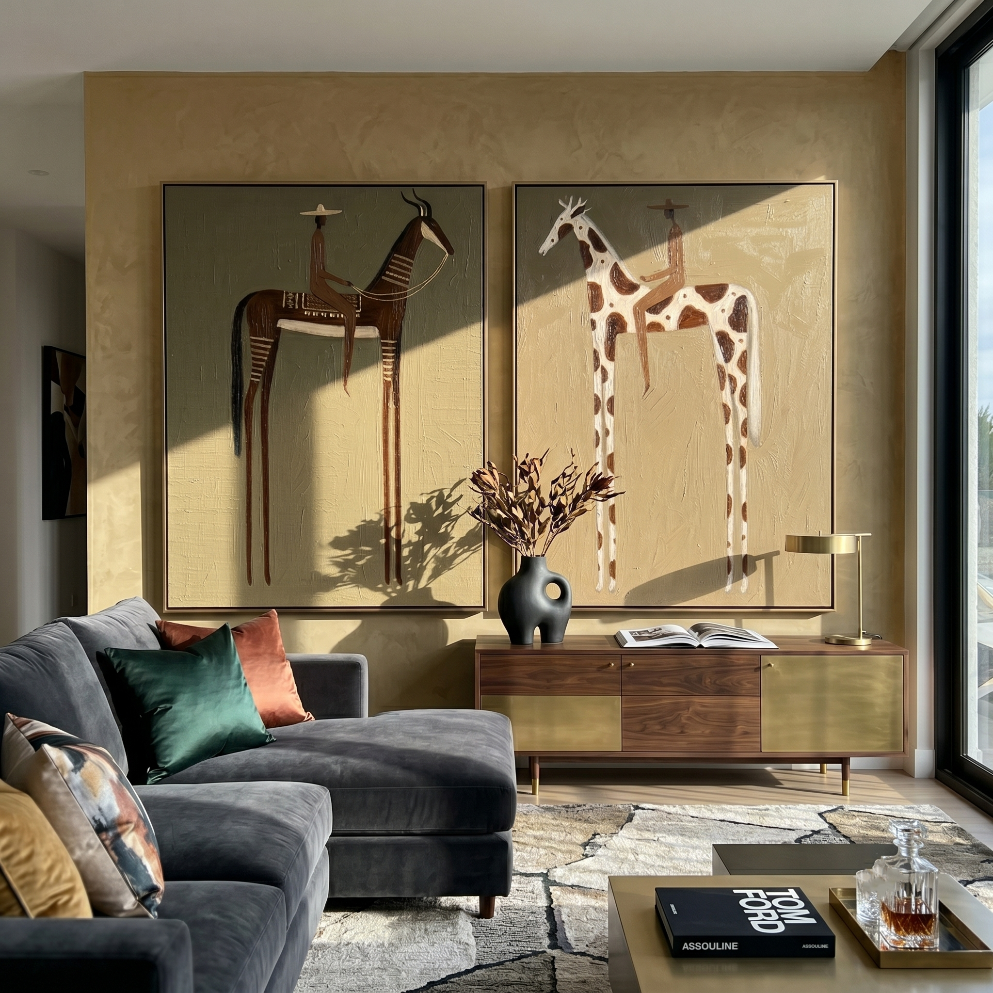 "The Beasts That Remember the Plain" — 3D Textured Abstract Western Rider Wall Art Set | Olive, Umber & Ivory Framed Diptych#VA624