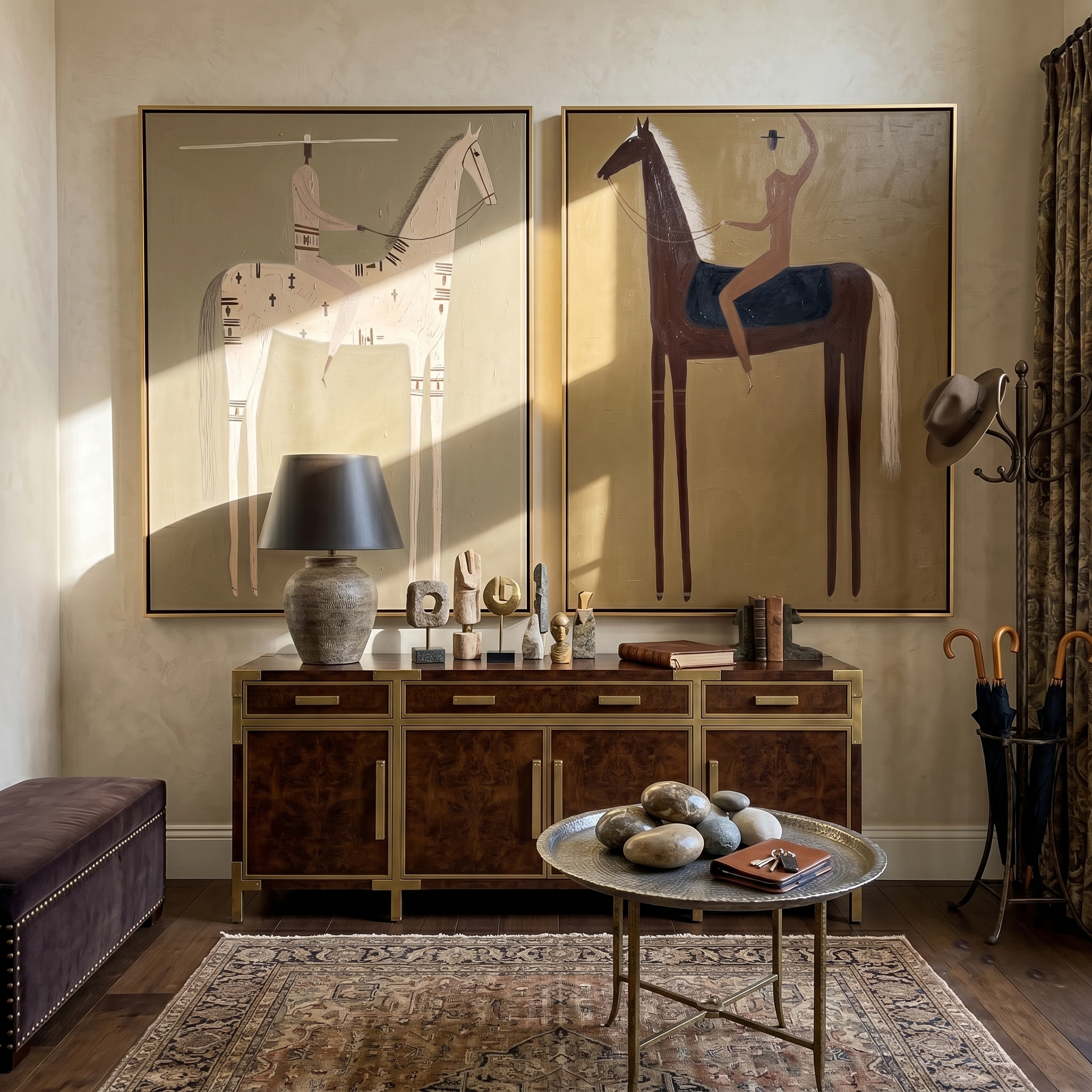 "One for Dust, One for Light" — 3D Textured Abstract Western Rider Wall Art Set | Sand & Umber Framed Diptych#VA621