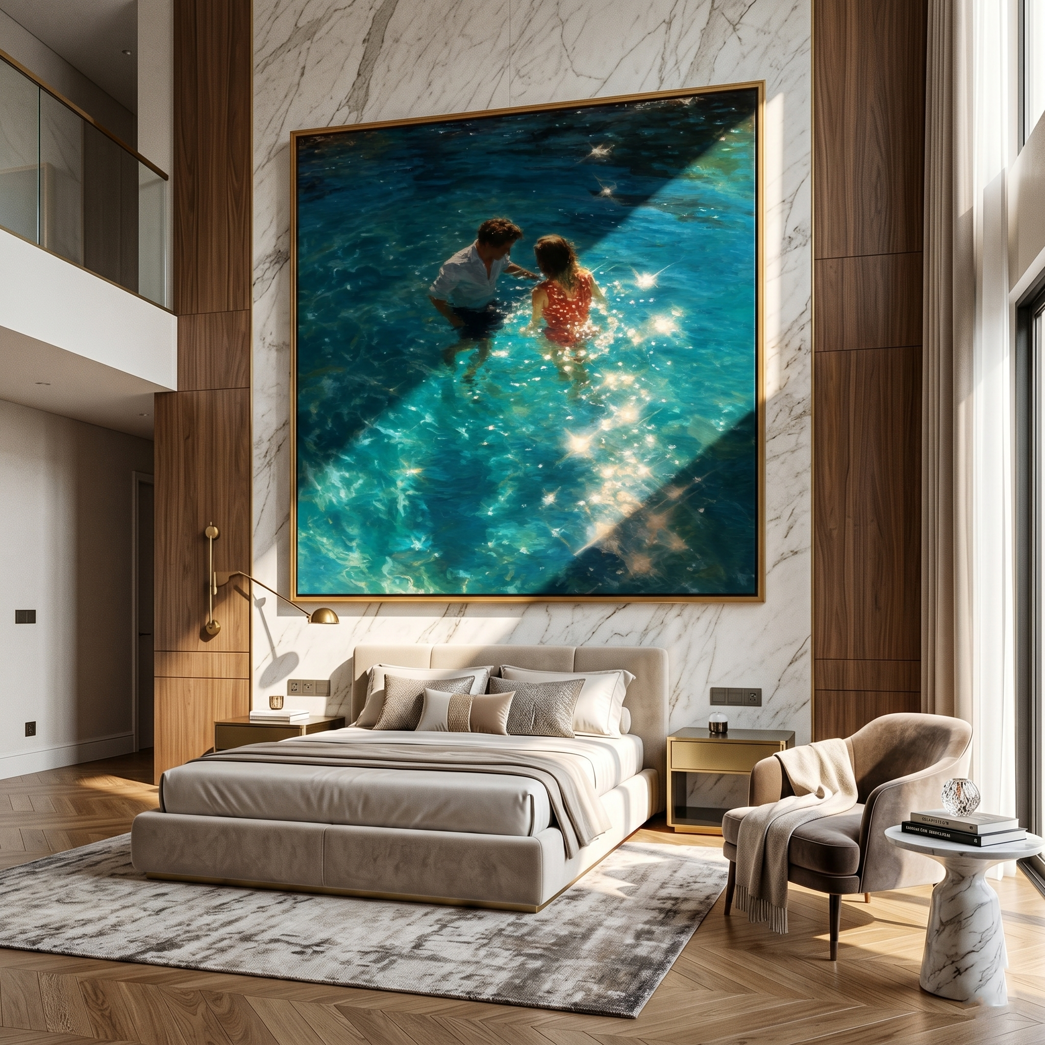 "Sunlit Water Embrace" – Modern Heavy Impasto Figurative Art | 3D Turquoise & Gold Palette Knife Painting | Luxury Square Wall Art#LC 004