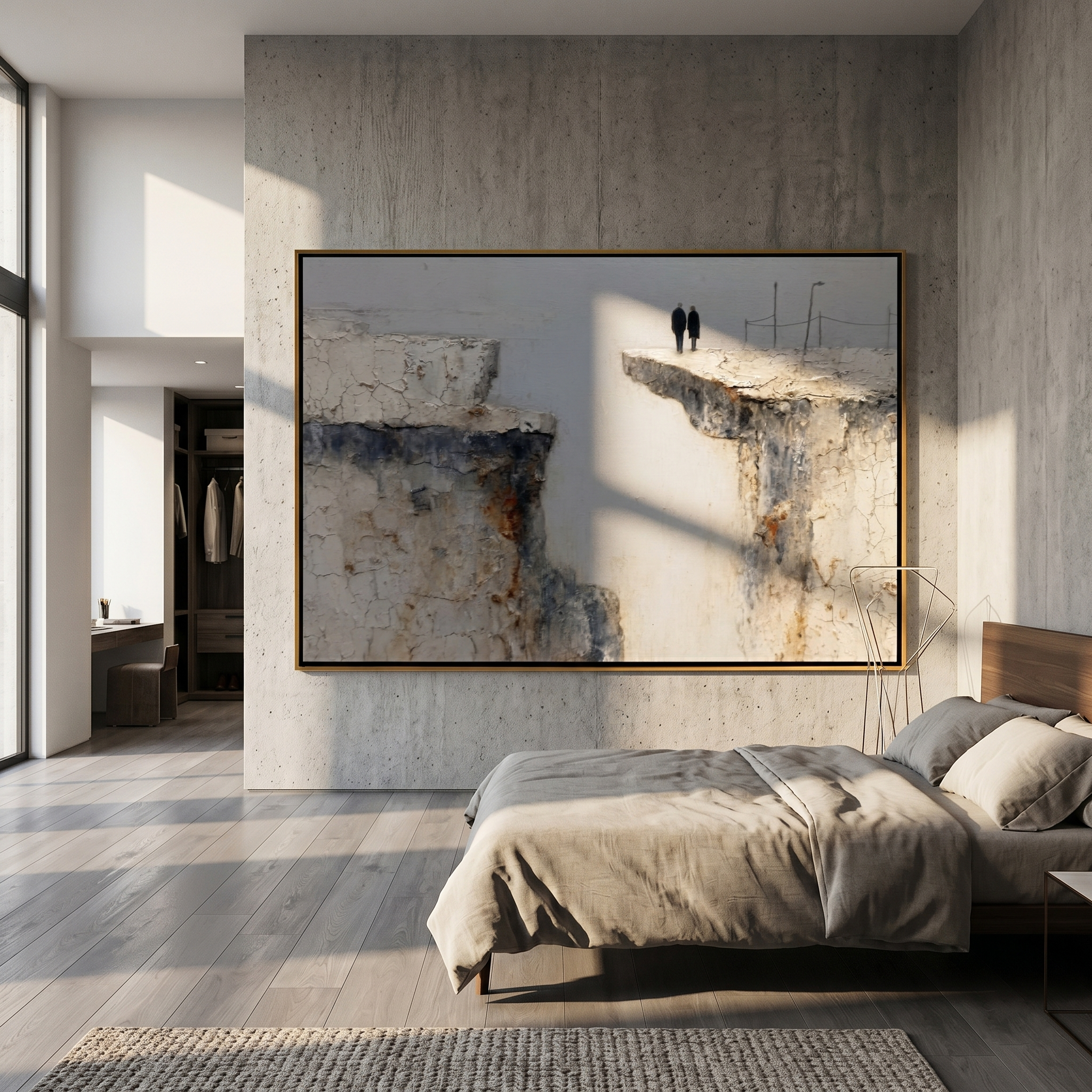 "Across the Divide" – Modern Heavy Impasto Figurative Art | 3D Neutral & Weathered Palette Knife Painting | Luxury Horizontal Wall Art#LC 007