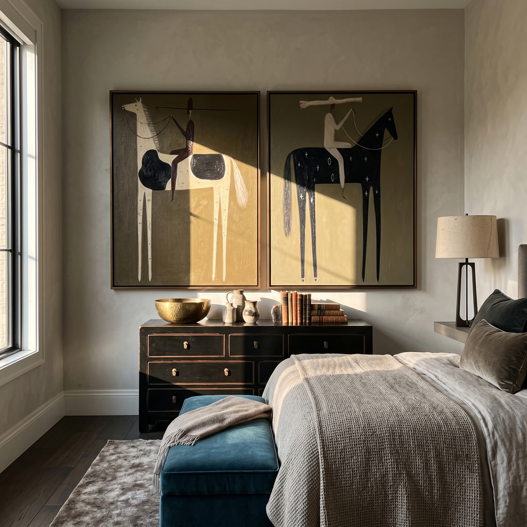 "Where Arrows Dream of Constellations" — 3D Textured Abstract Western Rider Wall Art Set | Olive, Ivory & Midnight Framed Diptych#VA620