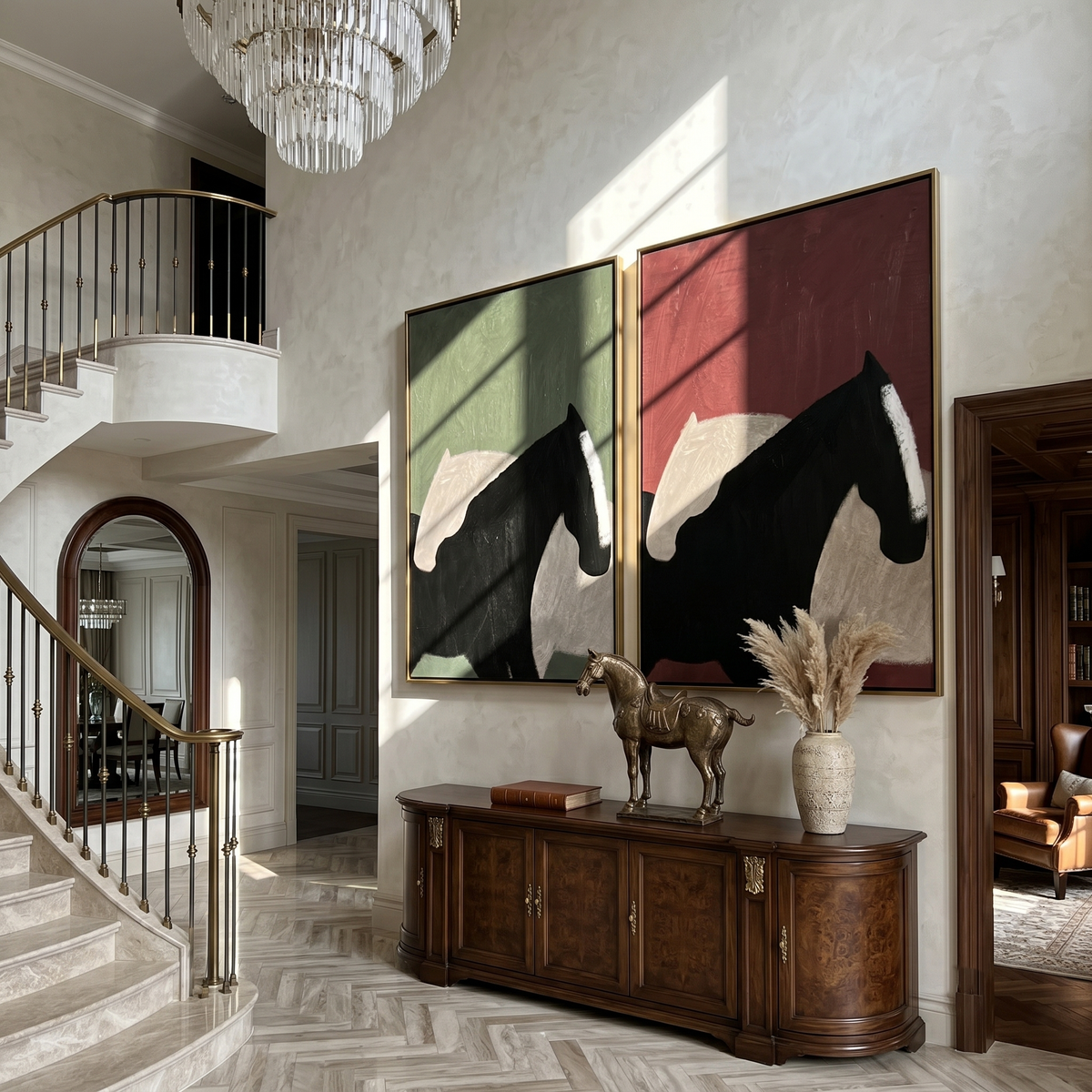 "Quiet Equine Forms" — 3D Textured Abstract Horse Wall Art Set | Sage Green & Terracotta Framed Painting#VA600