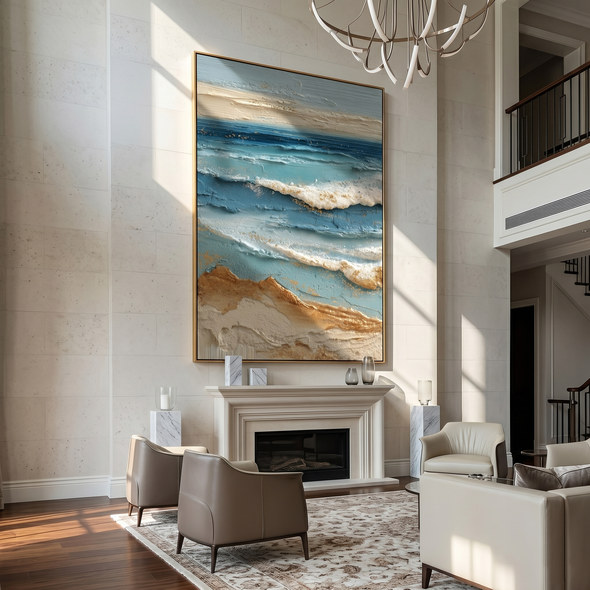 "Textured Coastal Horizon" – Modern Heavy Impasto Seascape Art | 3D Ocean Blue & Gold Palette Knife Painting | Luxury Vertical Wall Art#PT 020