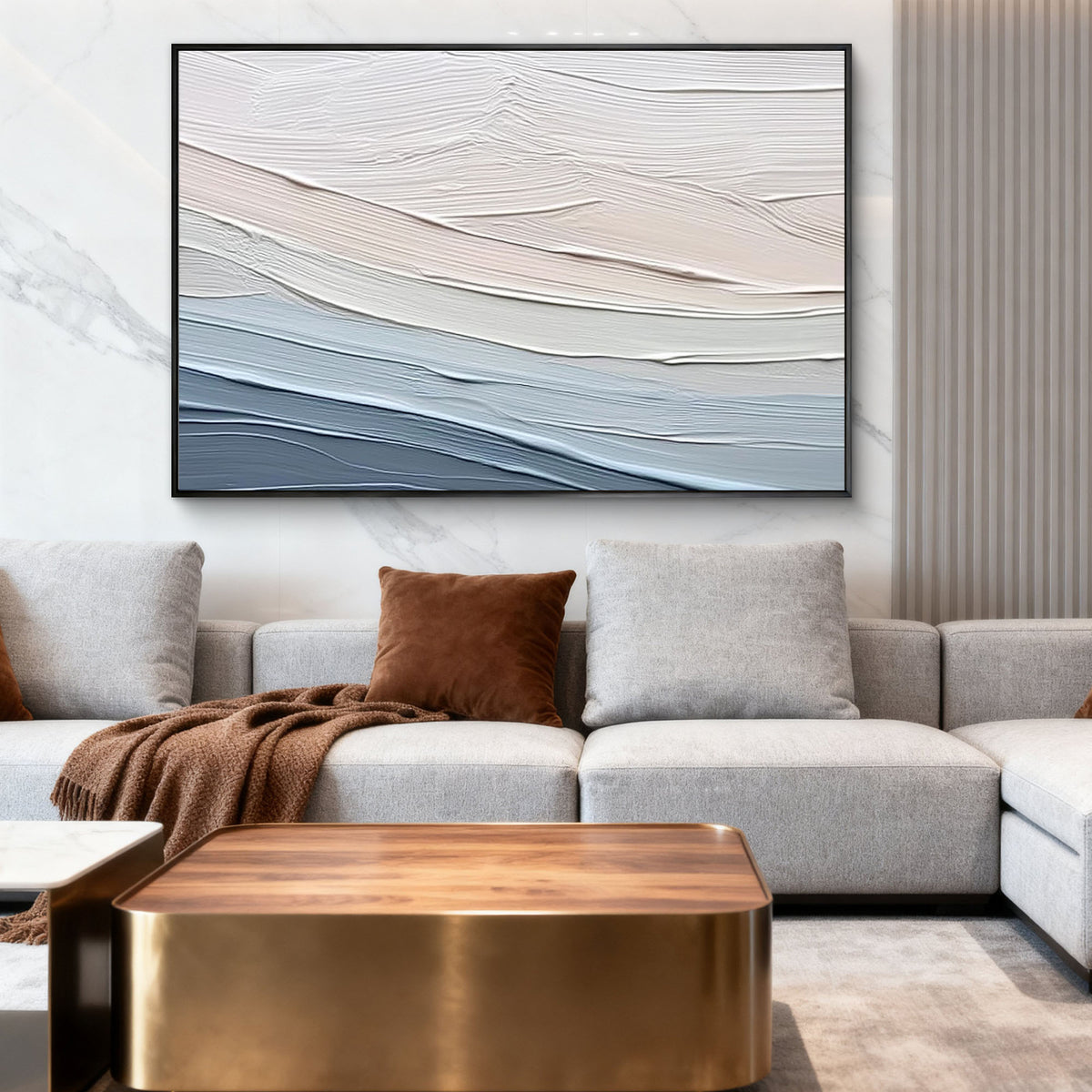 "Beige Lines" - 3D Heavy Impasto Plaster Relief | Blue & Beige Plaster Texture Statement Art