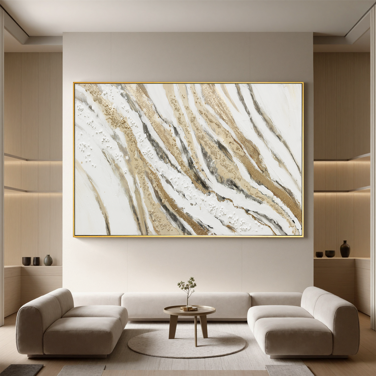 "Golden Echo" - Geometric Plaster Relief | Gold & Grey Geometric Art Statement Art