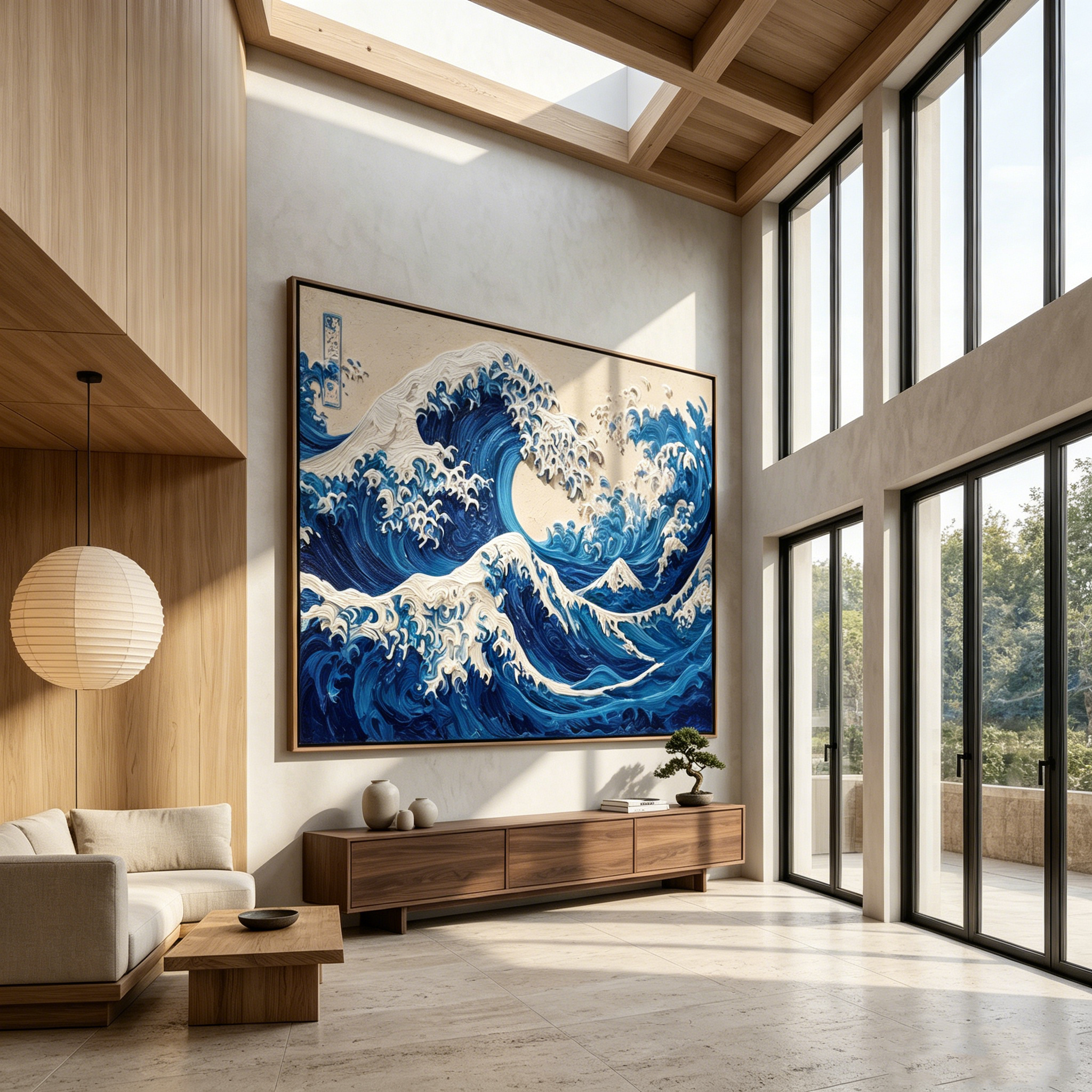 "Relief Wave of Kanagawa" – Expressive Sculptural Seascape Art | 3D Layered Blue Gradient with Raised Foam Canvas | Luxury Horizontal Wall Art#PT 018