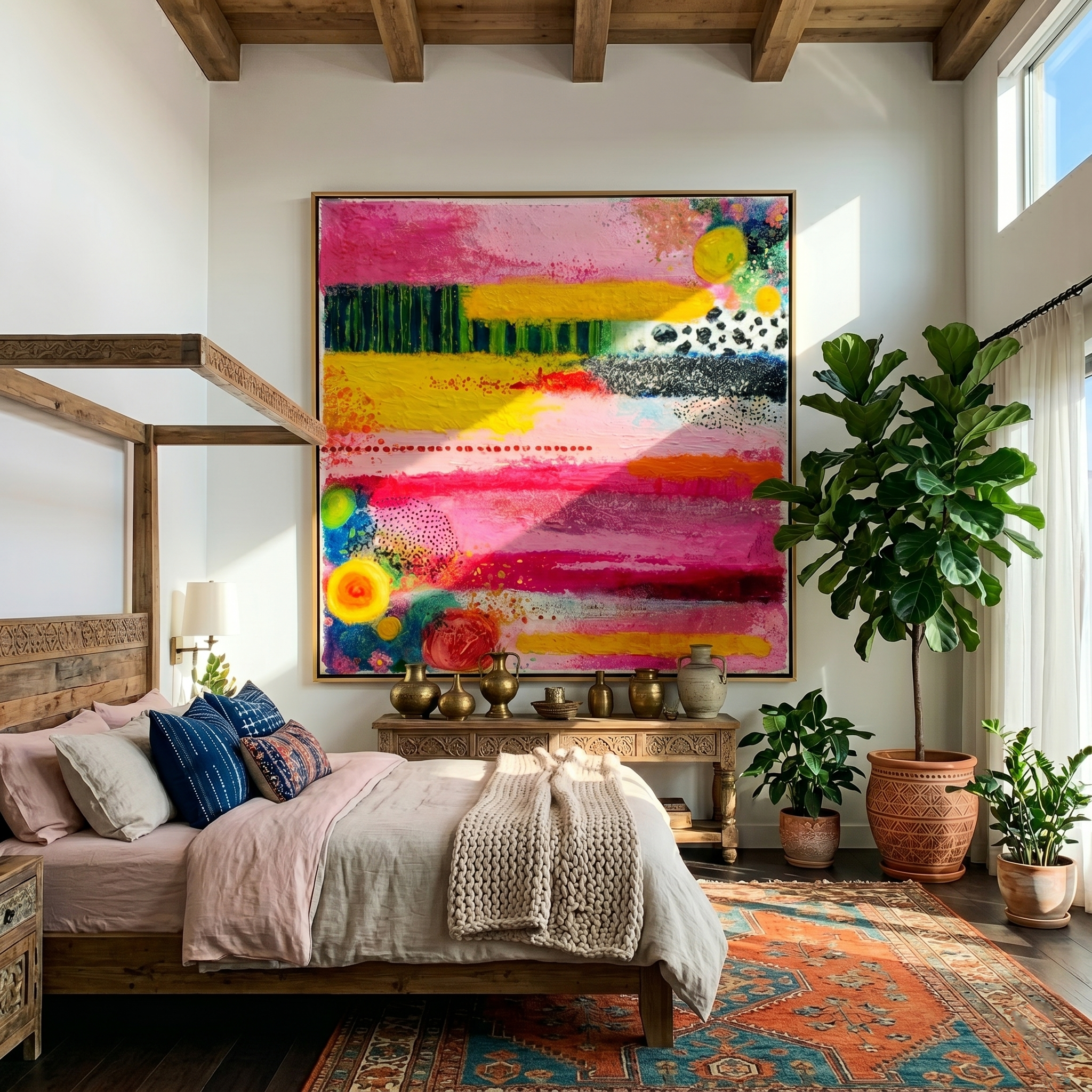 "Whimsical Color Layers" – Tactile Abstract Artwork | Bold Pink, Yellow & Black Impasto Wall Decor | Contemporary Square Statement Piece# PT 017