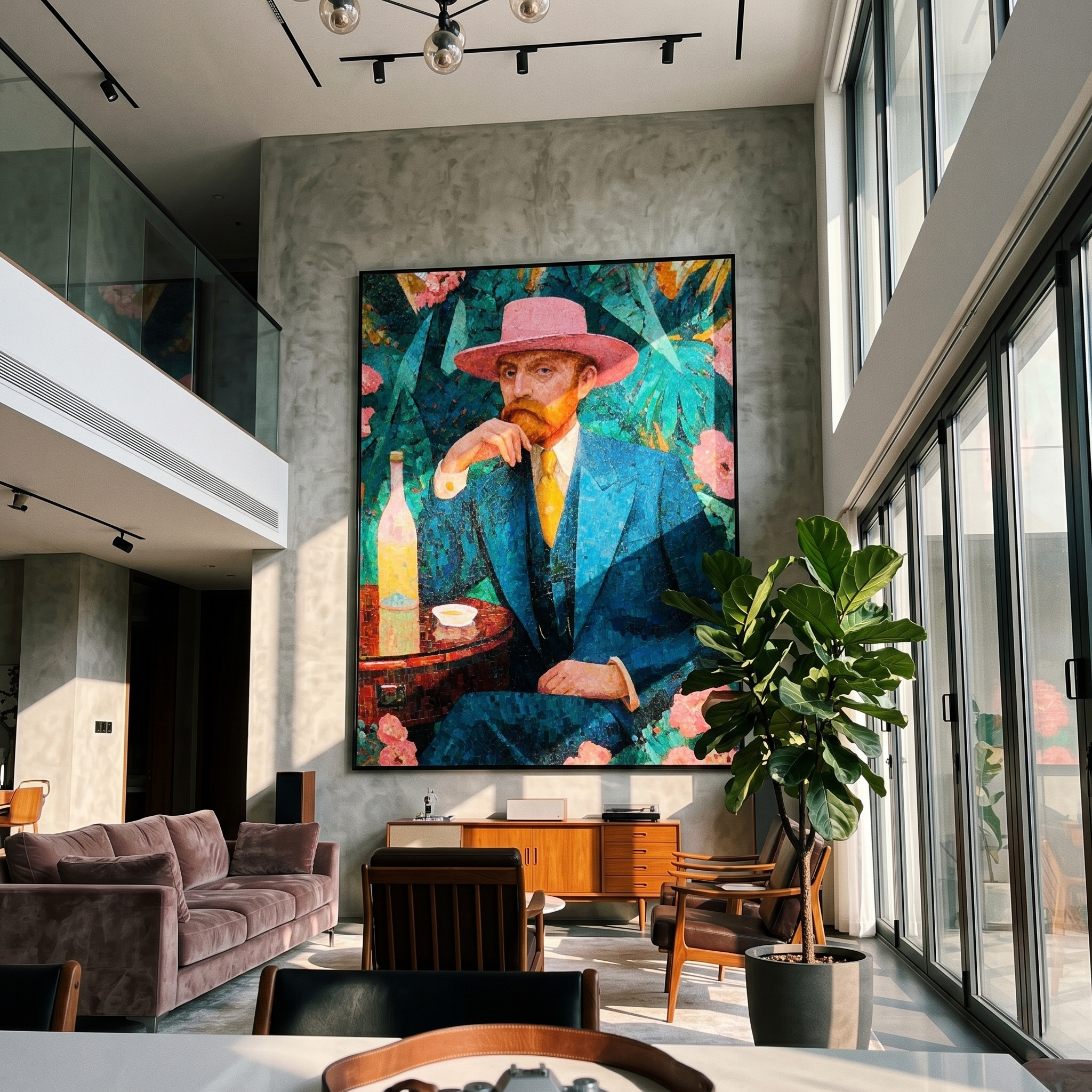 "Gentleman with the Pink Hat" – Modern Mosaic-Style Figurative Art | 3D Teal & Coral Textured Portrait | Luxury Square Wall Art#PE 005