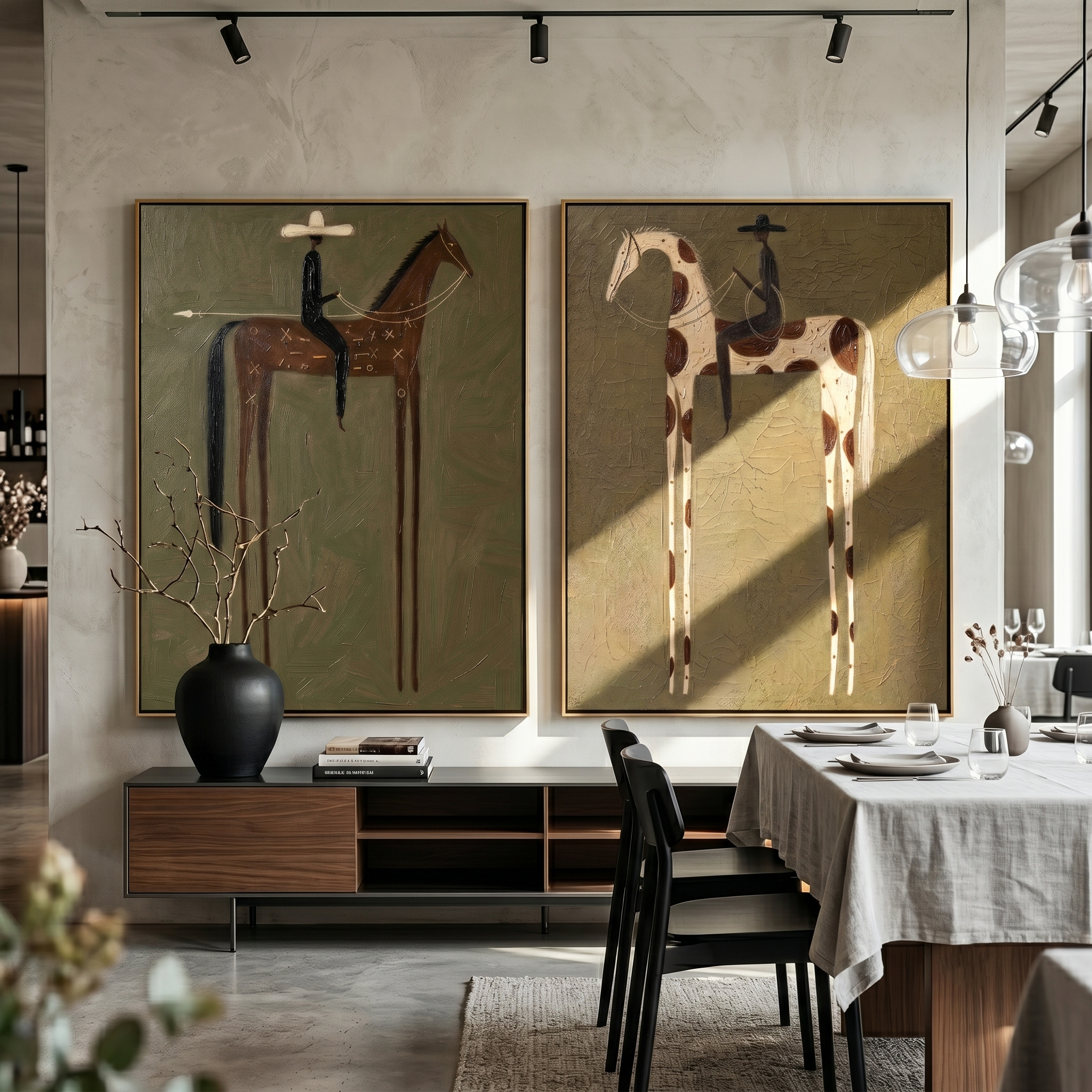 "Whispering Riders "— 3D Textured Abstract Horse & Rider Wall Art Set | Olive Green Western Framed Diptych#VA609