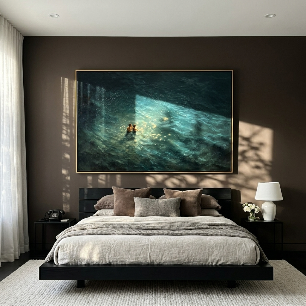"Golden Light Swim" – Modern Heavy Impasto Figurative Art | 3D Teal & Sunlit Gold Palette Knife Painting | Luxury Horizontal Wall Art#LC 006